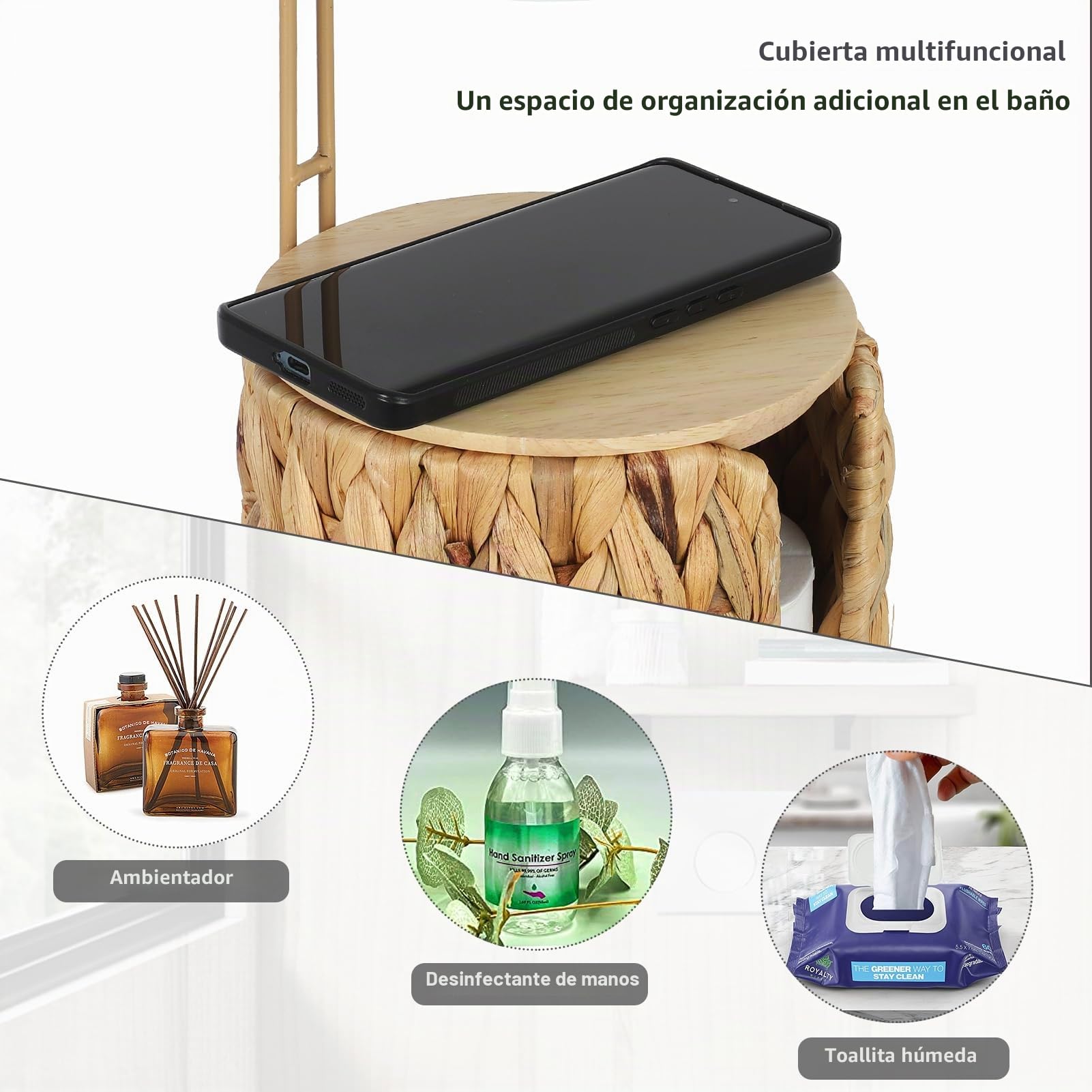 Portarrollos de Papel Higiénico de Pie con Estante, Porta Rollos de Papel Inodoro de Pie, Soporte de Papel Higiénico Boho de Ratán, Portarrollo de Papel Higiénico de Jacinto de Agua para 4 Rollos