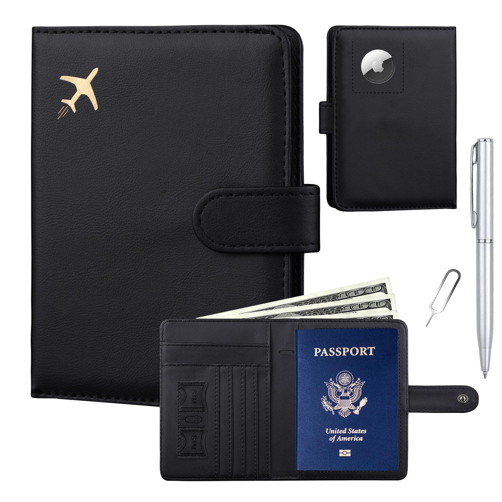 GOAUS Passport Holder for Travel with AirTag Slot Cards Cash Pocket, Faux Leather Travle Wallet Gifts for Women Men RFID Blocking Book Case Black, AirTag Not Included Black Single