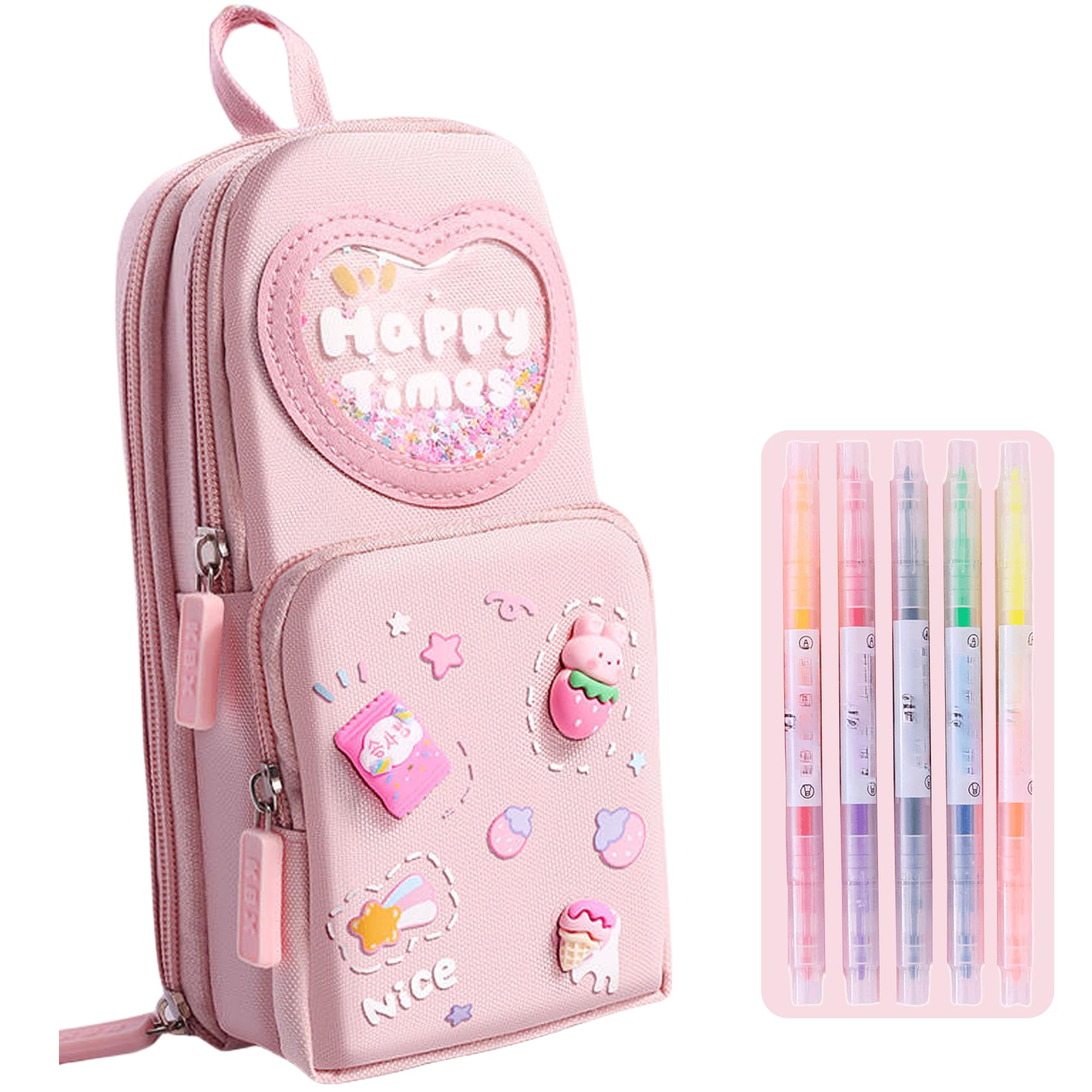 UINSUE Mini Backpack Pencil Case Art Marker Storage Canvas Makeup Pocket Small Gadget Bag Organizer Random Free of Highlighters (Cherry Pink)