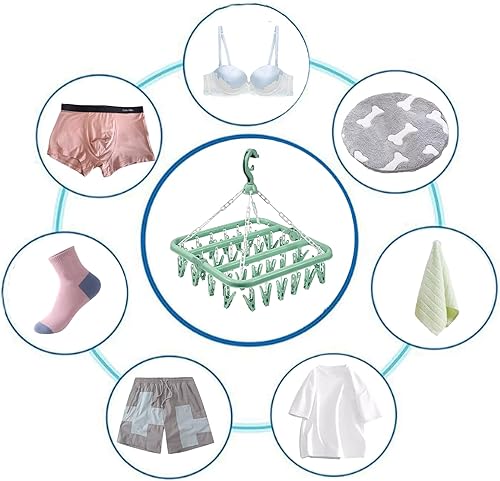 Miniatura 4 de Percha de secado de ropa con 32 clips y estante colgante plegable para goteo (verde claro)