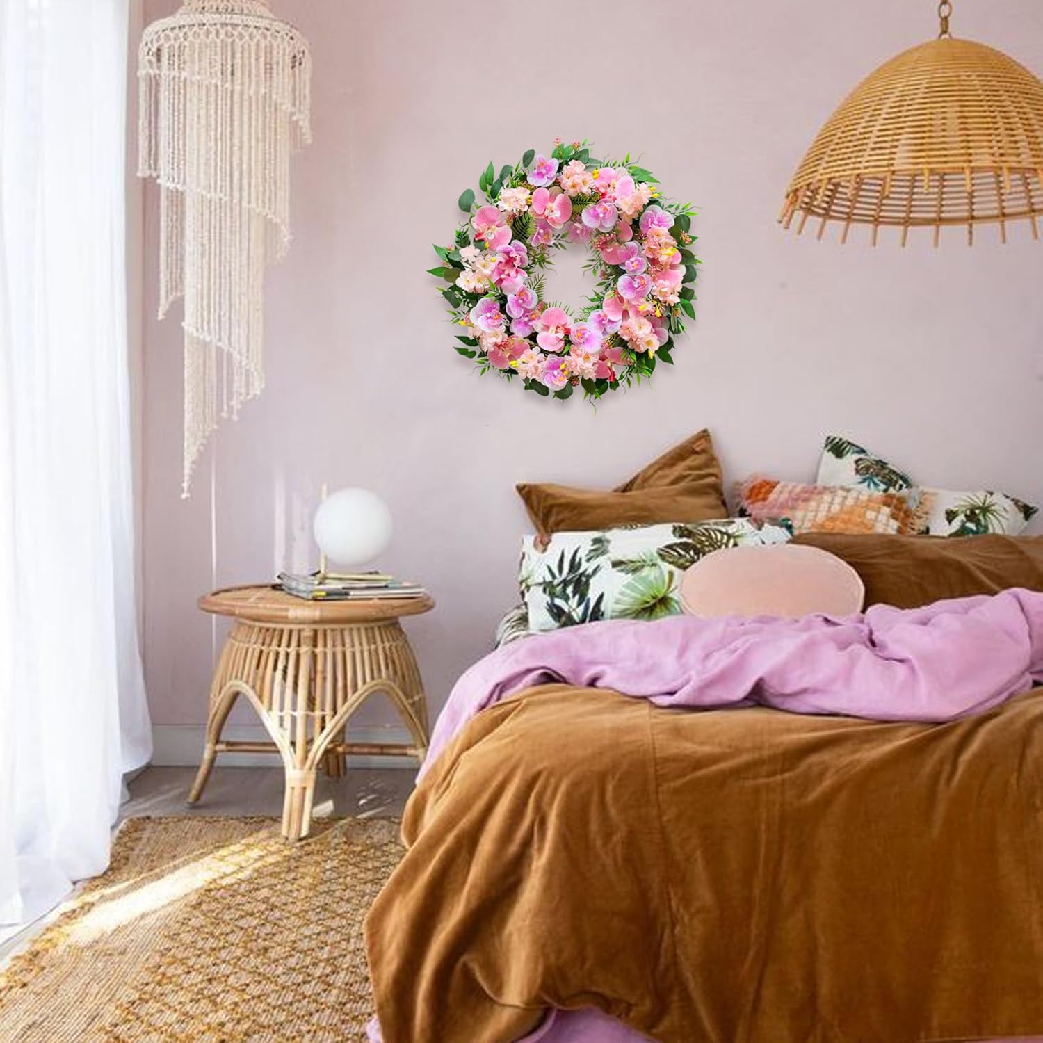 22 Inch Spring Summer Wreaths for Front Door,Artificial Floral Decoration Wreath with Pink Phalaenopsis Hydrangea Leaves for Home Wall Window Easter Wedding Valentine Party Indoor Outdoor Decor