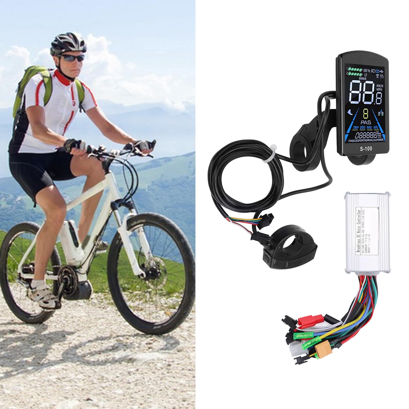 BuyWeek Kit Controller Brushless Bici Elettrica, 36V 48V 250W 350W 17A Controller Onda Sinusoidale 3 modalità con Display LCD a Colori S-100