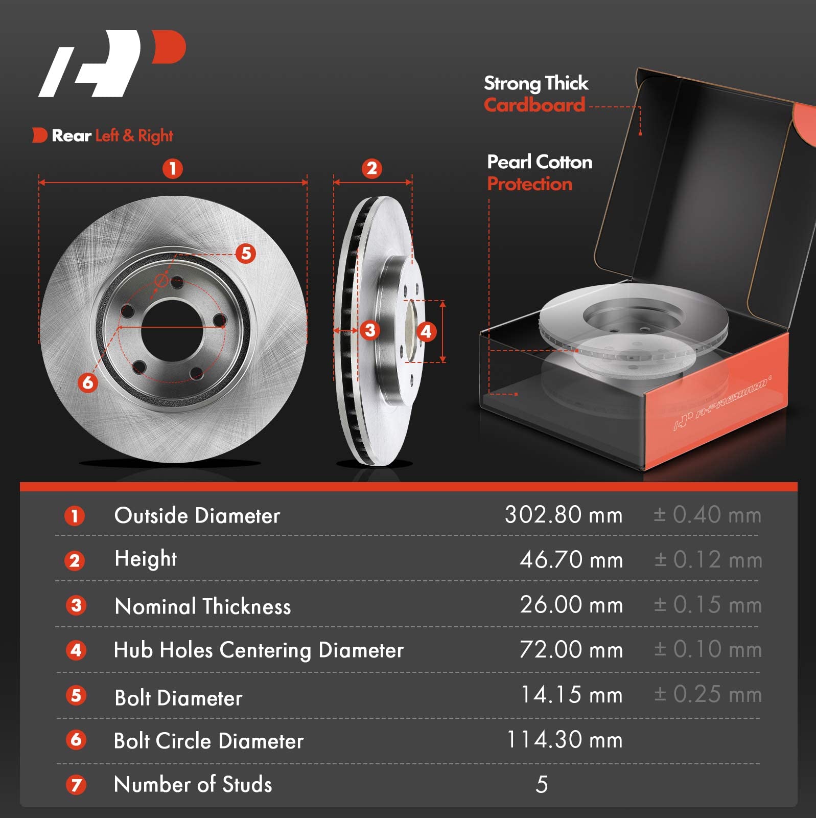 APremium 11.92 inch (302.8mm) Front Vented Disc Brake Rotors + Ceramic