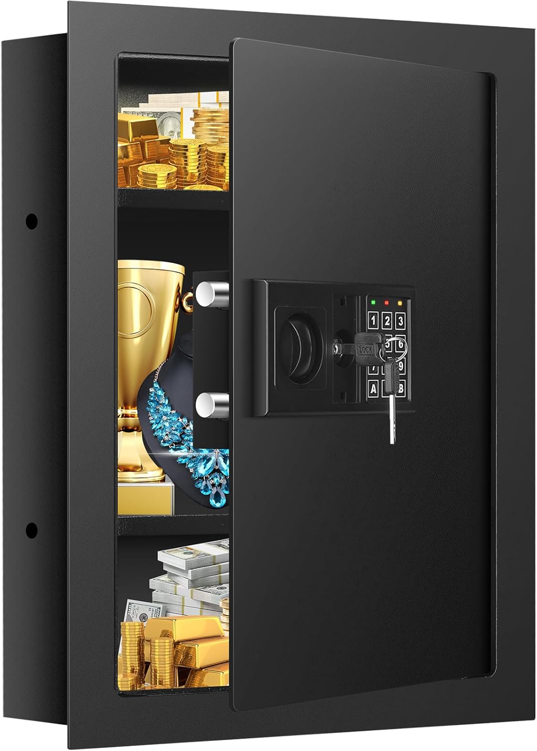 25.6" Tall Fireproof Wall Safes Between the Studs 16" Centers, Heavy Duty Combination Lock in Wall Safe with 2 Removable Shelf, Hidden Safe for Money, Jewelry, Document, Passport 25.6" Tall Black