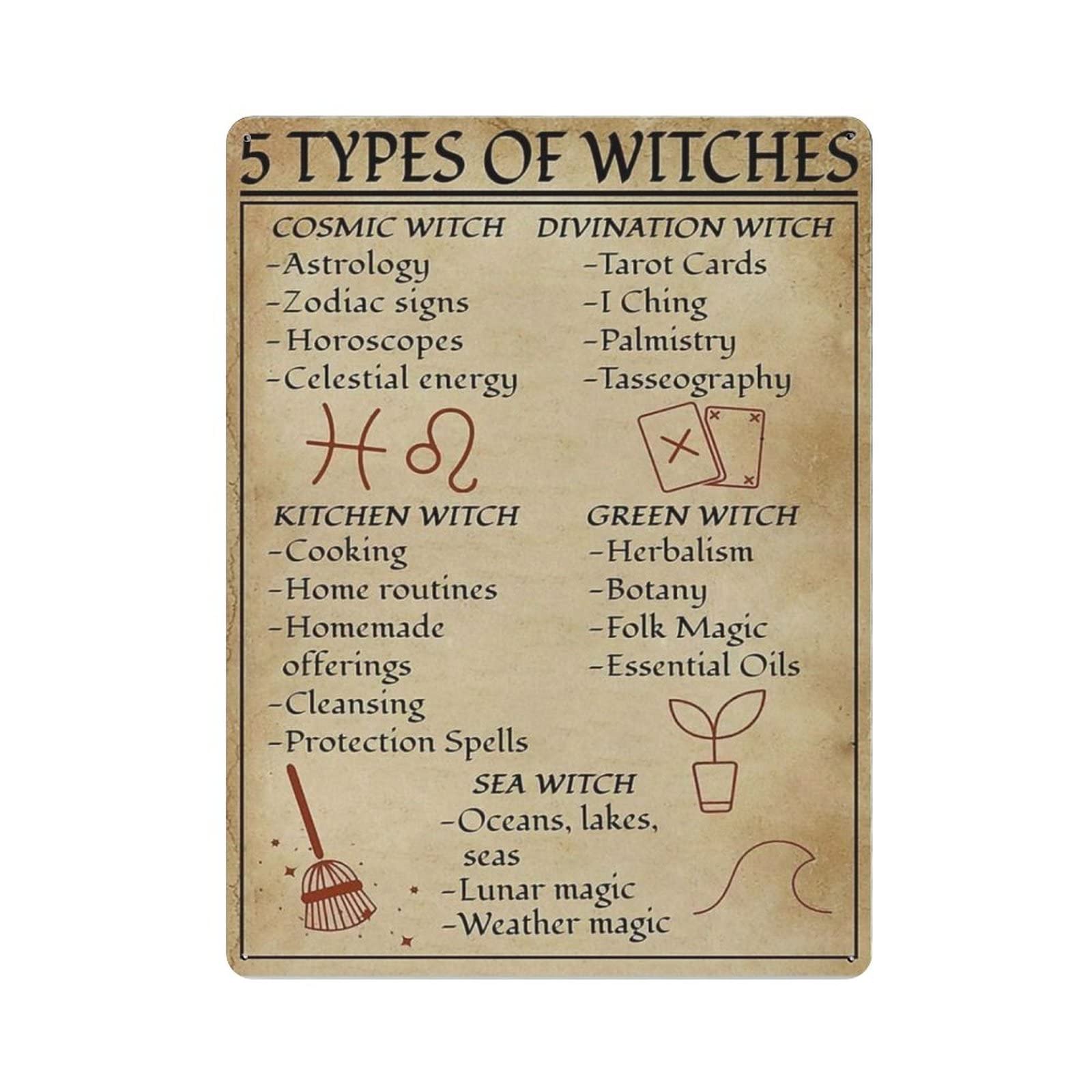 AOOEDM Types of Witches Vintage Tin Sign Metal Tin Signs for Man Cave Funny Art Wall Plaque Kitchen Bar Pub Coffee Shop Wall Decor