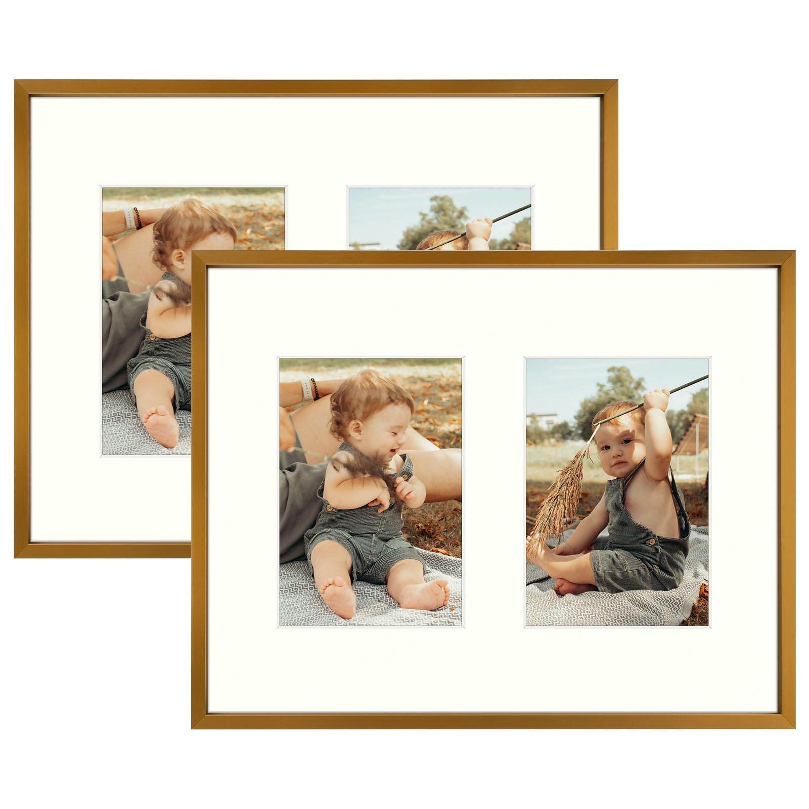 Golden State Art, 7x5 Aluminum Collage Frame, Display 5x7 Pictures With 2 Openings Mat or One 11x14 Photo, Real Glass, Portrait/Landscape Wall Display, Bronze, 2 Pack