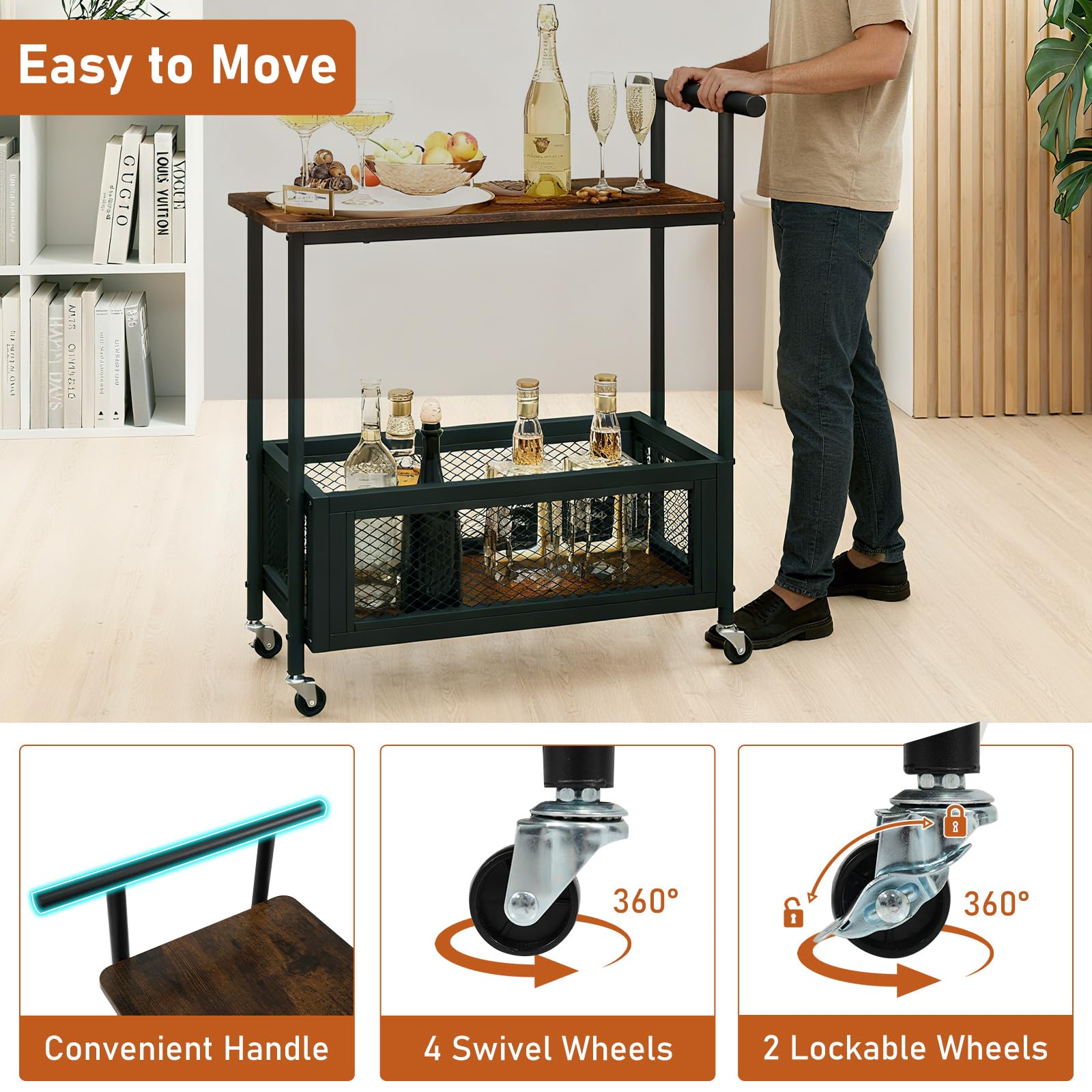 Giantex Mesa Auxiliar con Ruedas, Carrito Móvil con Estante y Cesta de Almacenamiento, Carro de Servicio con Asa, 60 x 40 x 72 cm, Mueble Auxiliar para Cocina, Comedor, Salón, Bar