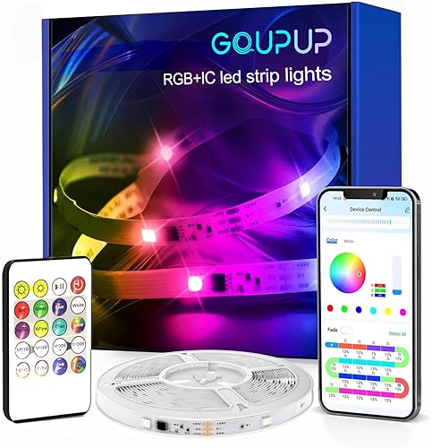 GUPUP Tira de luces LED RGB IC RGB inteligente de 16.4 pies para dormitorio, 5050 luces LED para habitación, varios colores en una línea, tira de