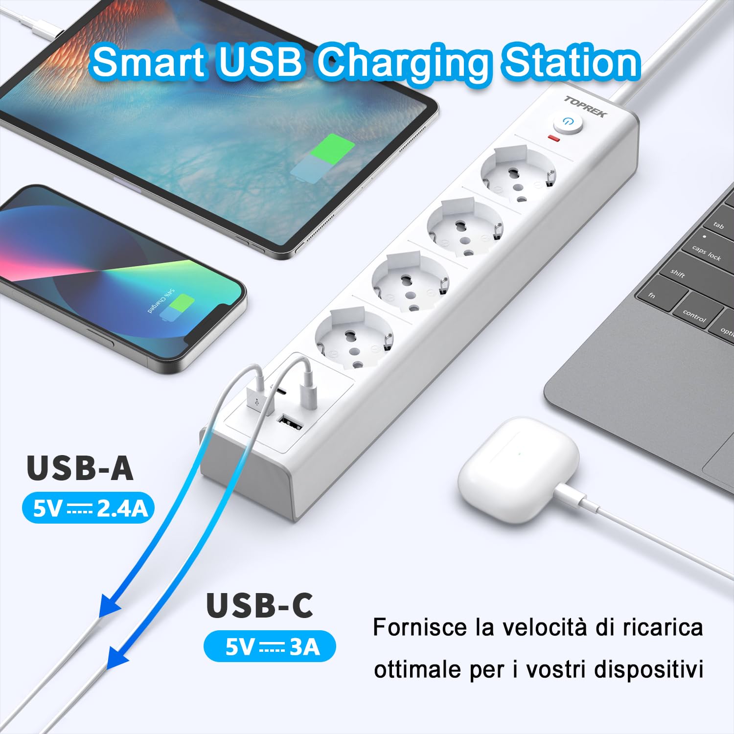 TOPREK Regleta Eléctrica con 4 Tomas Universales ITA 10/16A y Schuko y 2 USB C y 2 USB A, Enchufe Italiano 4000W/16A, Regleta con Interruptor, Cable de 2M (Equipada con 2 Abrazaderas de Plástico)