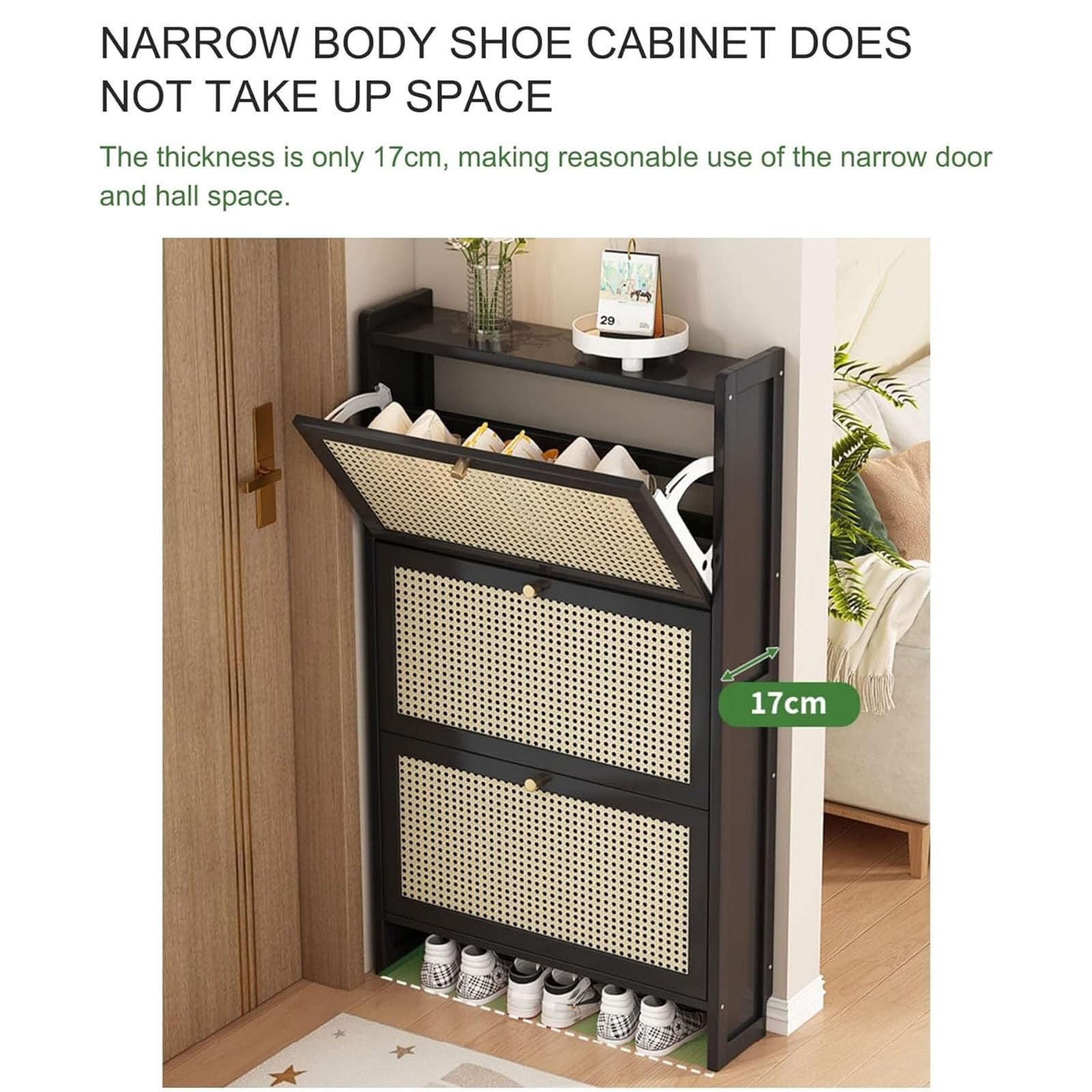 Czarna rattanowa szafka na buty nizer na buty z klapkami oszczędzająca miejsce obuwie Sto stojak do przedpokoju sypialni salonu nowoczesny design