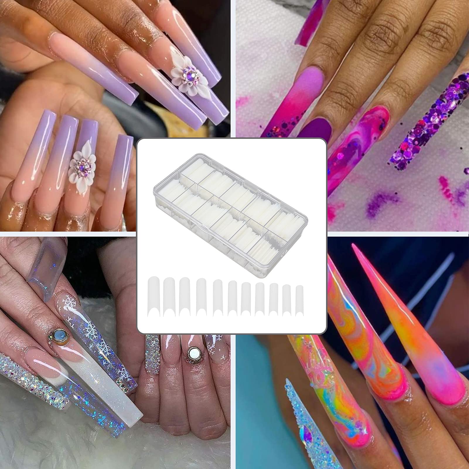 360 pezzi di punte per unghie finte a forma di U extra lunghe, punte per unghie finte per nail art fai-te, 12 misure di punte riutilizzabili salone con scatola di (Colore naturale 360 ​​compresse)