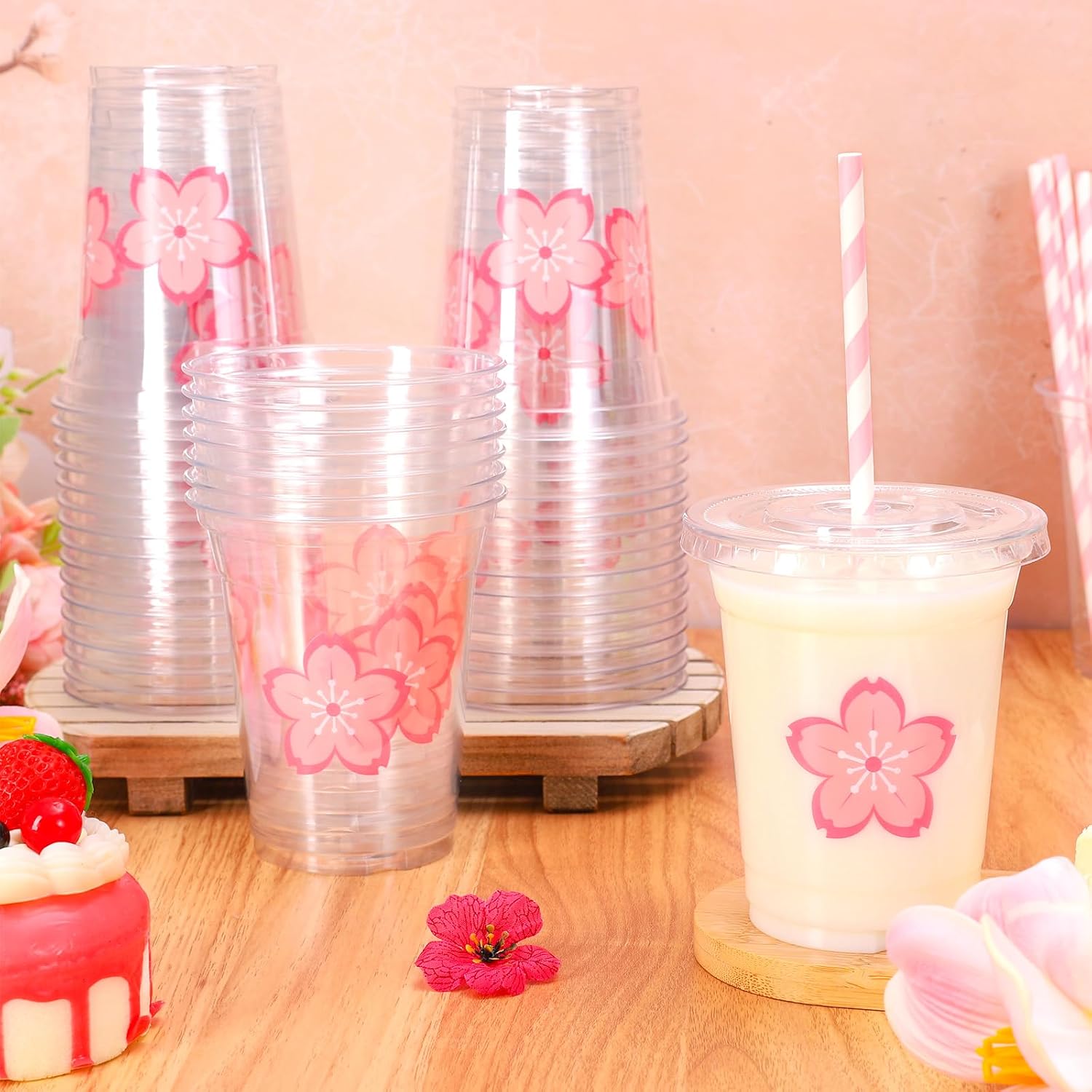 Whaline 50Pcs 12Oz Pink Cherry Blossom Disposable Plastic Cups with Lids and Straws Cute Sakura Cold Beverage Drinking Cups for Spring Wedding Birthday Party Supplies image 4
