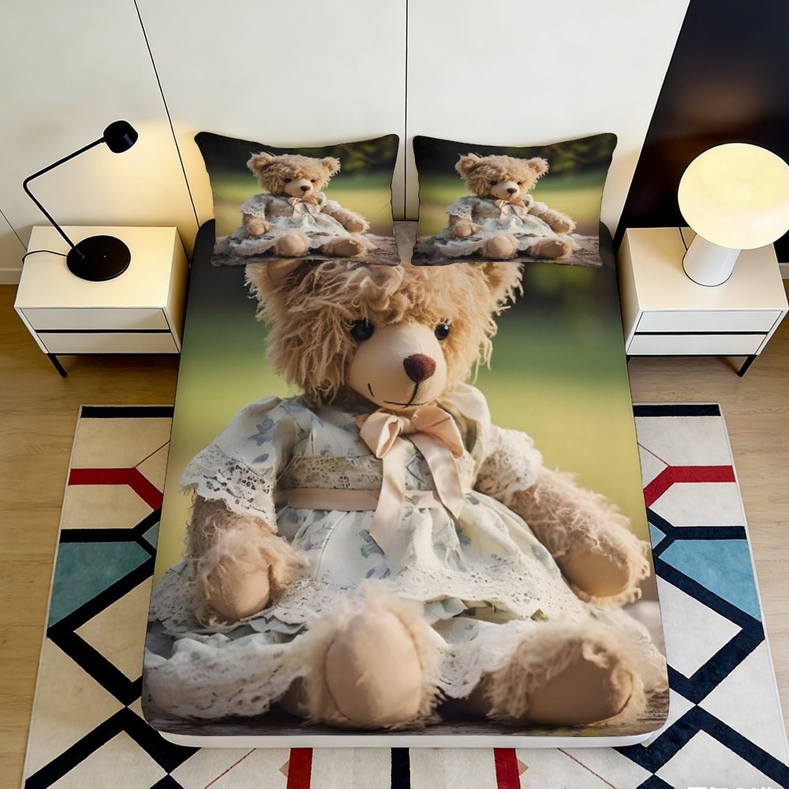 3D Printed Teddy Bear Fitted Sheet Microfiber Deep Pocket Bedroom Bedding Full Wrap Non-Slip Teddy Bear Mattress Fitted Cover Washable 90x200x25cm