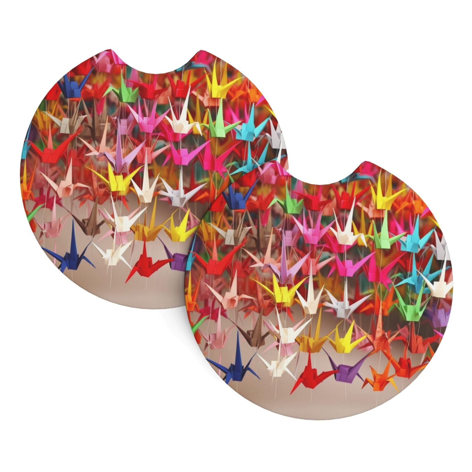 2PCS Car Coaster for Cup Holders Universal Auto Cup Mat Origami Paper Cranes Cup Coaster Pad 2.7" Waterproof Neoprene Non-Slip Cup Holder Coasters Car Interior Accessories for Women Men