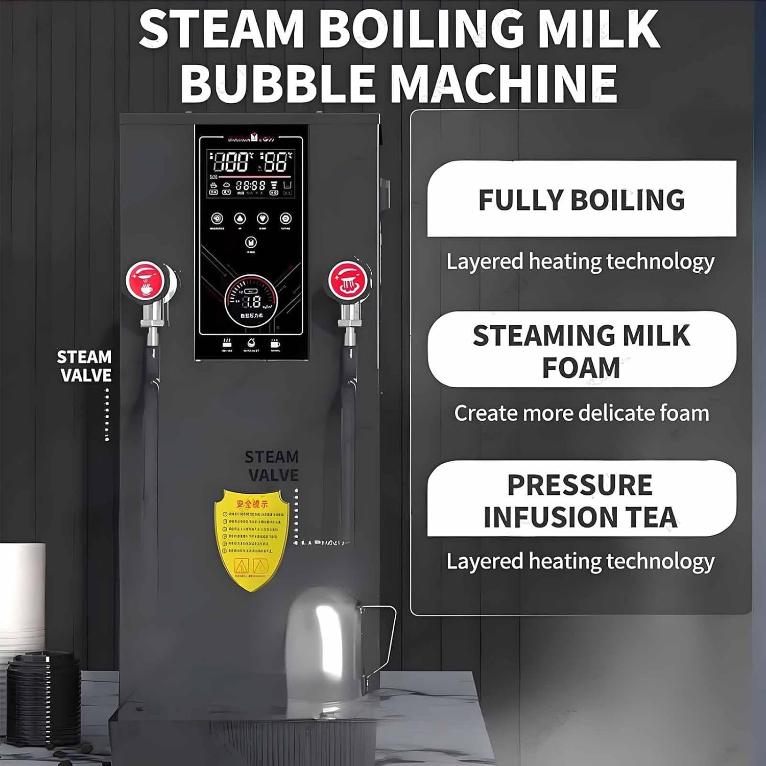 12L Electric Milk Frother 2500W - Commercial Steam Boiler with LED Display, Multi-Purpose Hot Water Dispenser for Espresso, Coffee, Milk Tea - Modern Foam Machine, Black