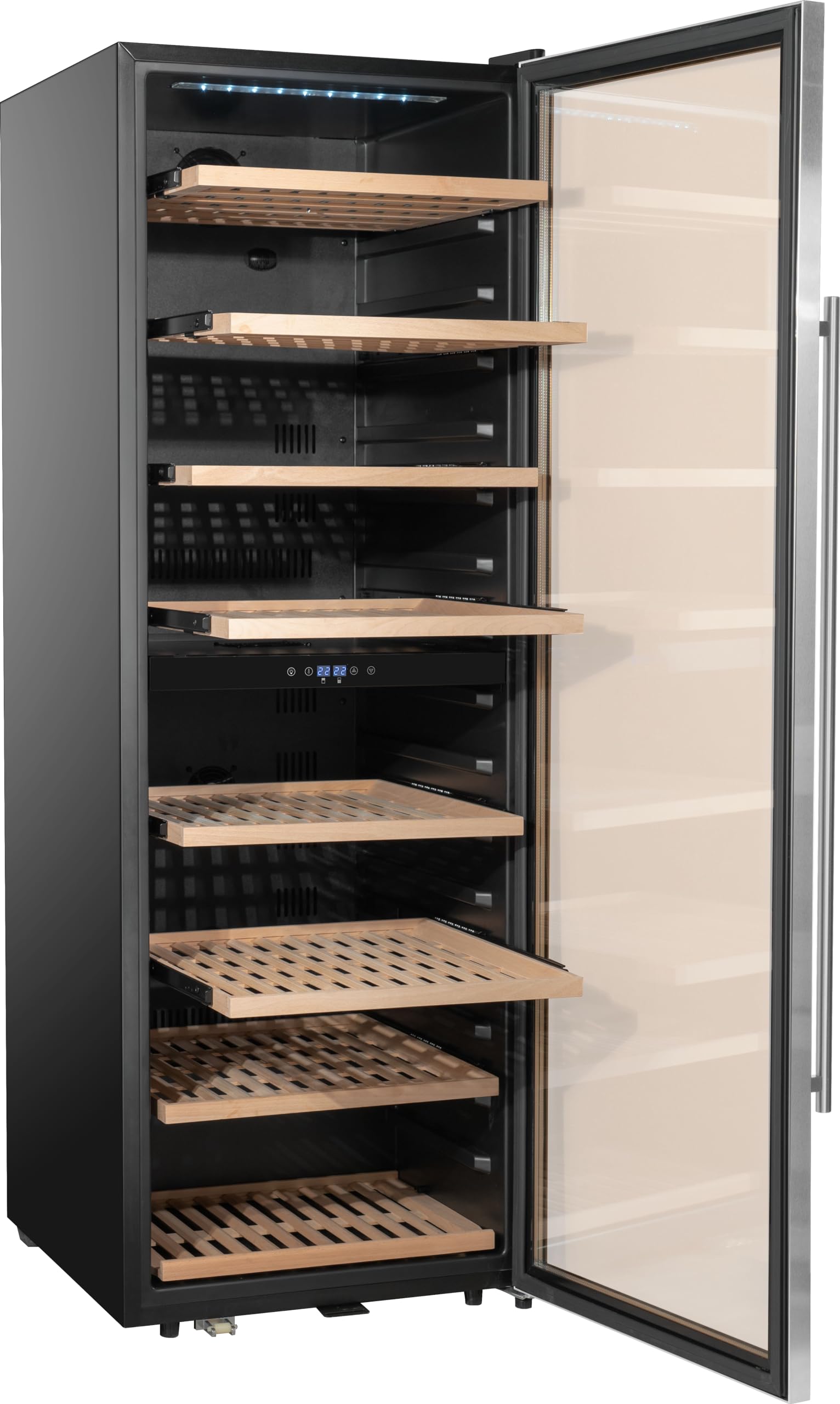METRO Professional Vinoteca GWC1171D, acero inoxidable/vidrio, 8 estantes de madera, termostato digital, para 171 botellas de vino, con cerradura, negro/plateado