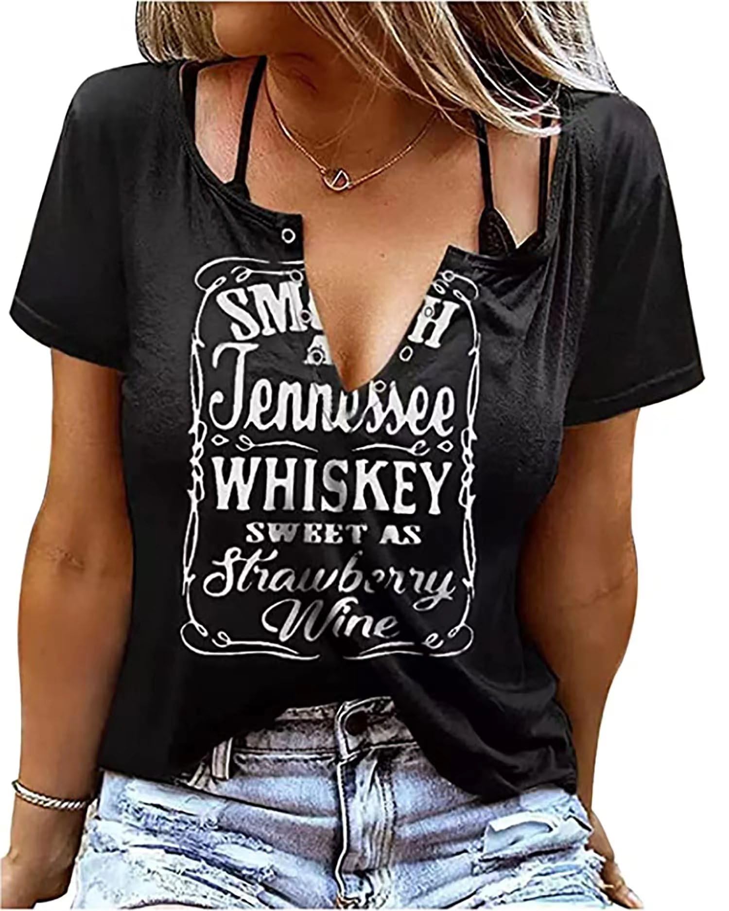 Eniloyal Womens Graphic T Shirt, Summer Ring Hole V Neck Tops, Casual Loose Fit Short Sleeve Shirts
