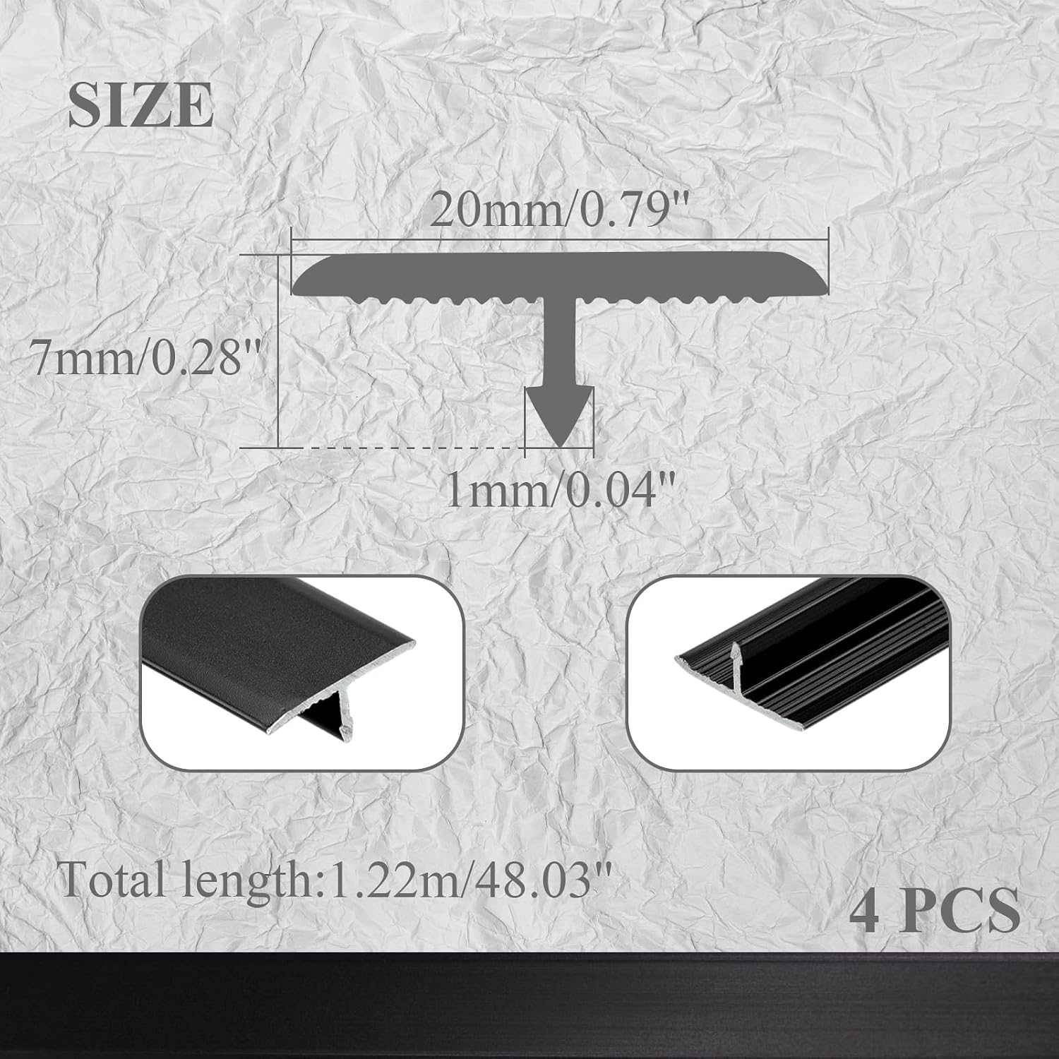 4pcs black t molding floor transition strip, 4ft x 0.8in aluminum laminate transition strip for flooring - floor flat divider strip doorway edge trim for joining floor gaps, threshold 4ft x 0.8in black 4