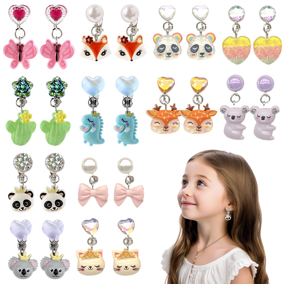 LOLIAS 20 Paia Orecchini Clip per Donna Ragazza Bambini - Pendenti Fiore Stella Luna Animali - Non Piercing Anallergici Gioielli