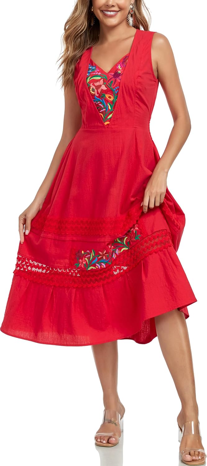 YZXDORWJ Women's Mexican Dress Floral Embroidered Casual Lace Ruffle Maxi Dress
