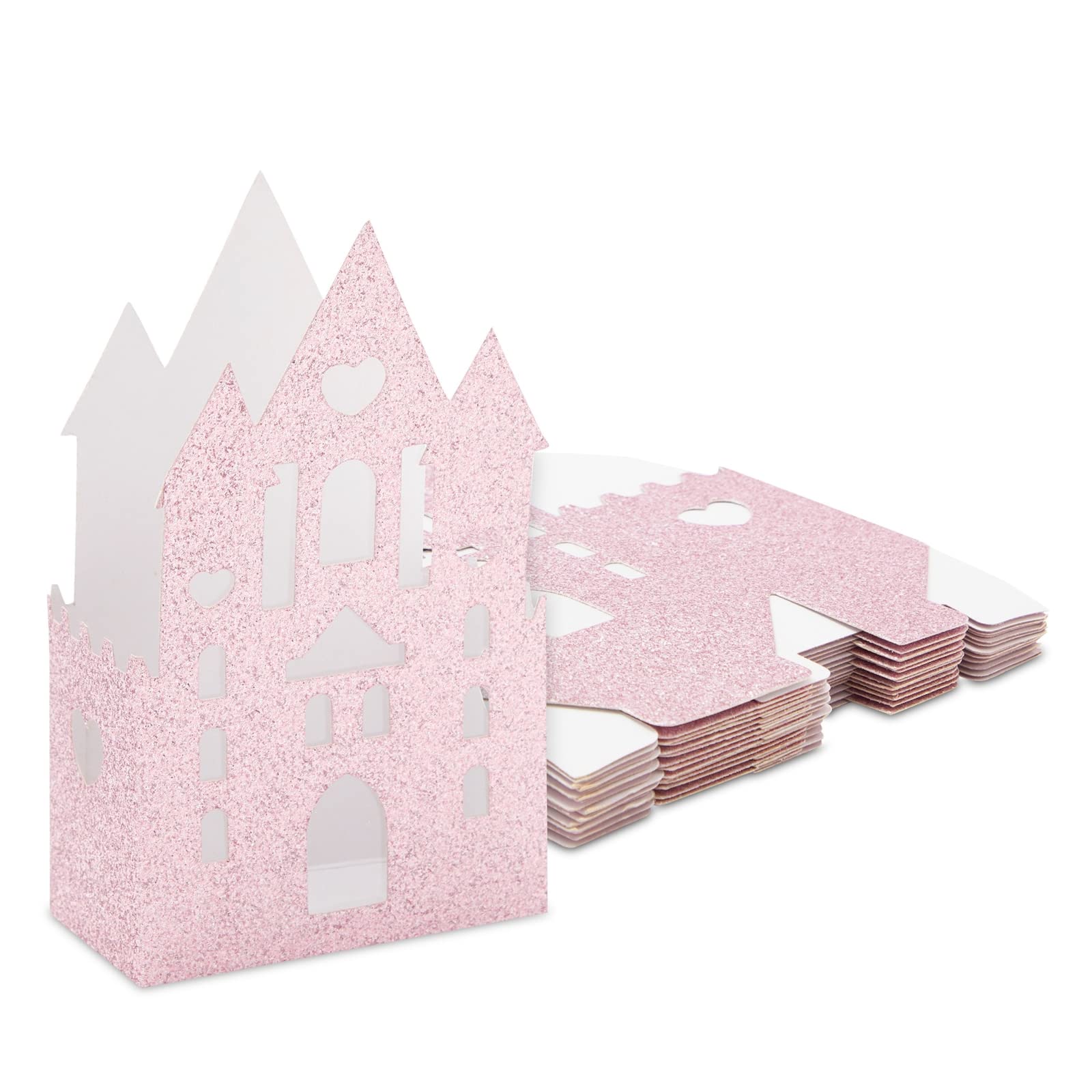 16-Pack Pink Princess Party Favor Boxes, 3.5x2x5.9-Inch Glitter Castle Goodie Boxes for Princess Birthday Party Celebrations