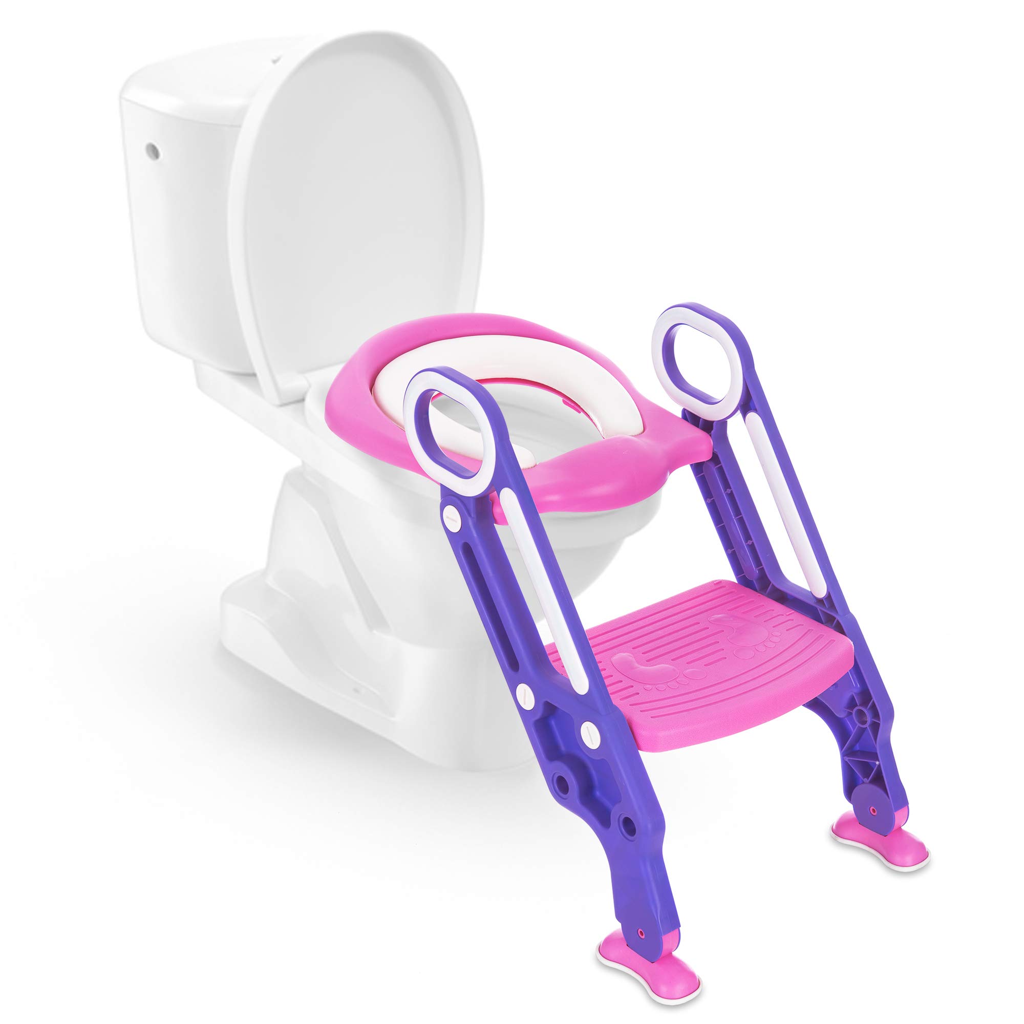 FiNeWaY Baby Potty Training Toilet Seat Step Stool Ladder – Child Toddler Adjustable Comfortable Folding Toilet Trainer with Soft Padded Cushion – Anti Slip (75Kg) – 1-7 Kids Boys Girls (Pink)
