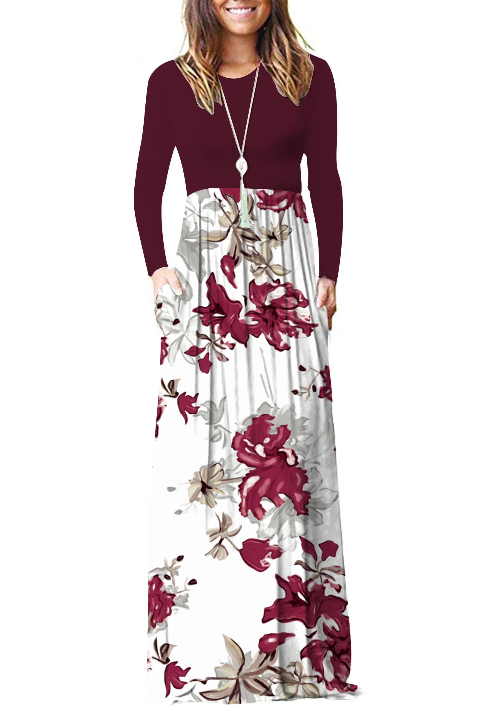 AUSELILY Women's Casual Long Sleeve Maxi Dress Loose Long Dresses with Pockets Red Flower White XL