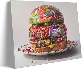 Graffiti Style Burger Canvas Painting Vibrant Street Art Fast Food Wall Decor Colorful Cheeseburger Illustration Framed Wall Art Poster Decorative Painting Canvas Art Posters for Room Aesthetic 08x12i