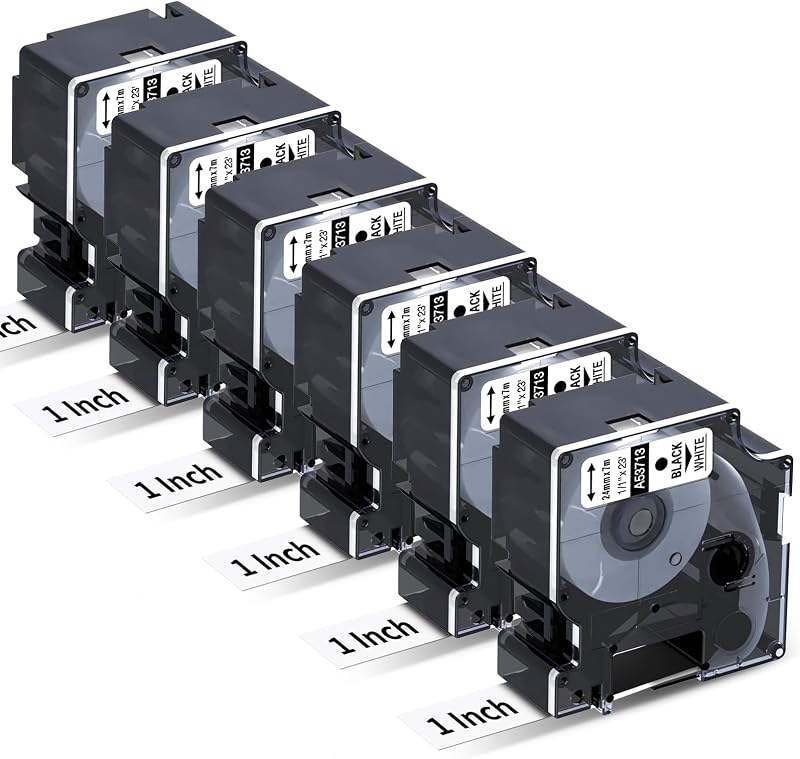 6X Replace for Dymo 1 Inch D1 Label Tape 53713 24mm Black on White Cassette | S0720930 Label Maker Refills for DYMO LabelManager 450D 640 500TS PnP 400 450 Duo Label Maker, 1'' W x 23' L