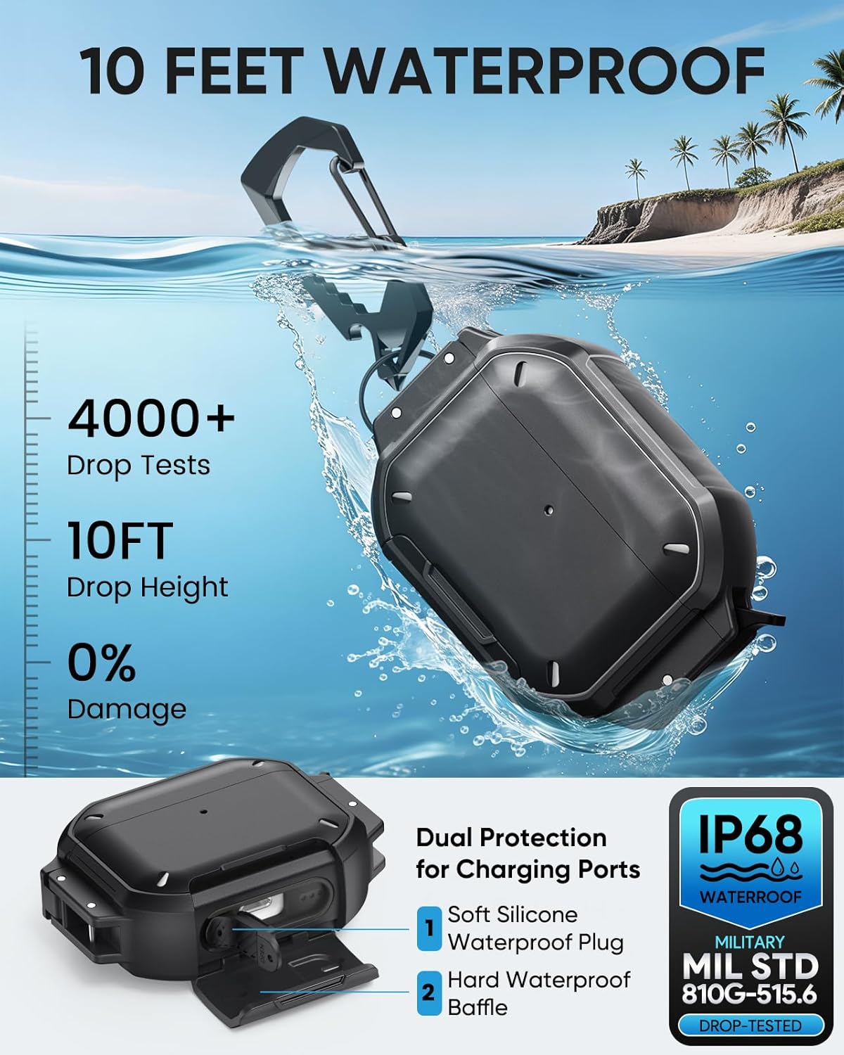 MoKo Case Compatible with AirPods Pro 3 Case with Secure Lock - IP68 Waterproof & Military-Grade Cover for iPods Pro 3, Protective Earpods Pro 3 Cover with Keychain, Phone Stand & Cleaner Kit, Black