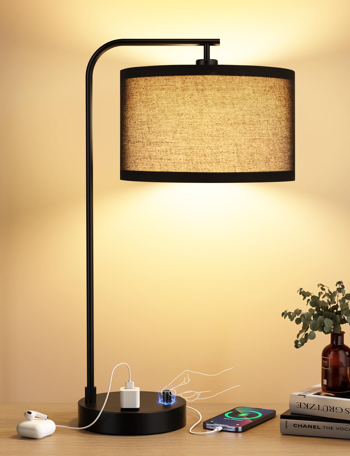 Innqoo Lámpara de mesa alta negra con puerto USB y tomacorriente, lámparas de noche regulables con pantalla de lino, lámpara de escritorio para dormitorio, sala de estar, habitación de invitados