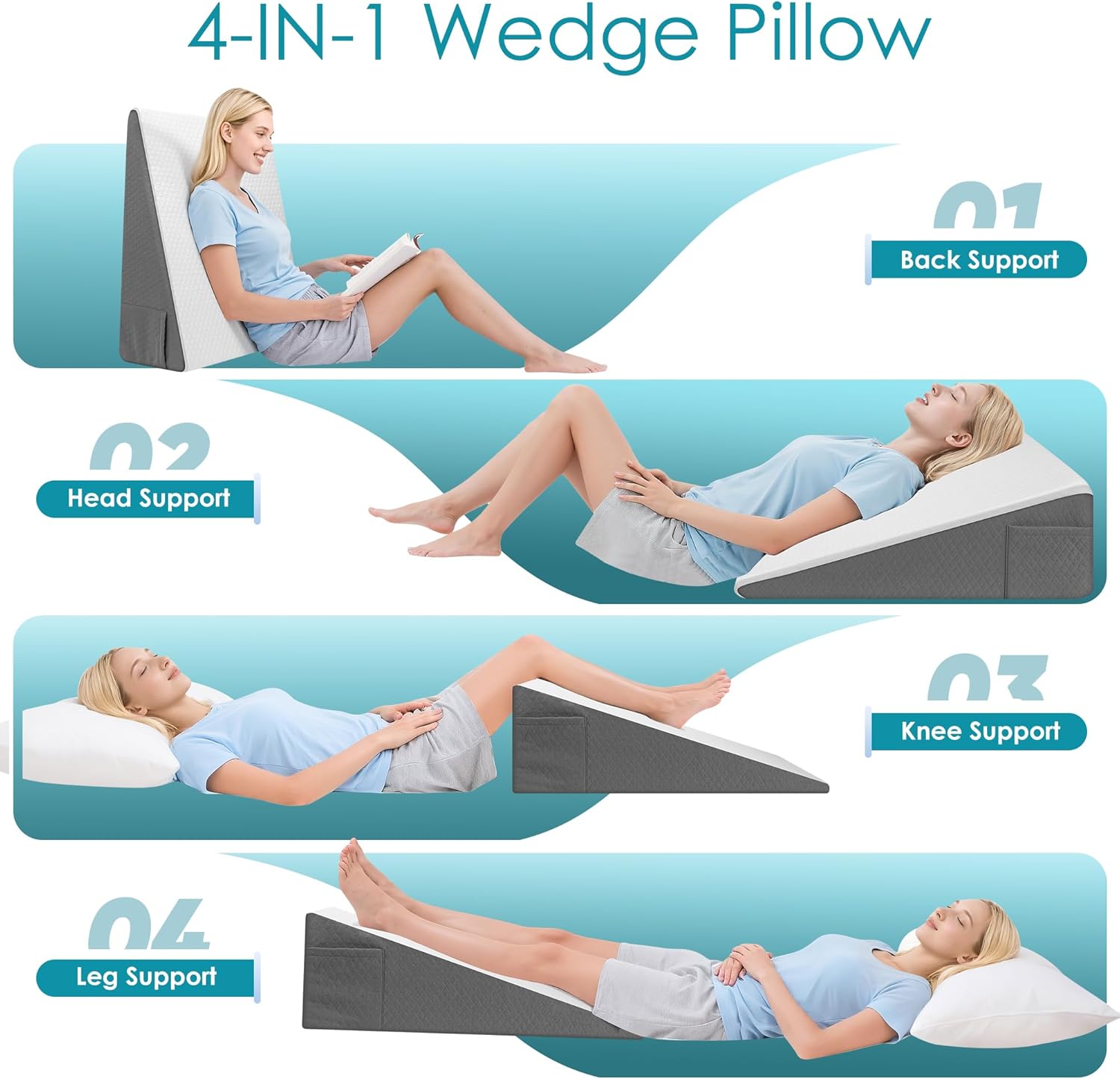 Wedge Pillow, 8 inch Bed Wedge Pillow for Sleeping & Resting, Cooling Memory Foam Incline Pillow for Adults Seniors, Back Support and Leg Elevation, Ideal for Couch, Bedroom & Living Room - Image 2