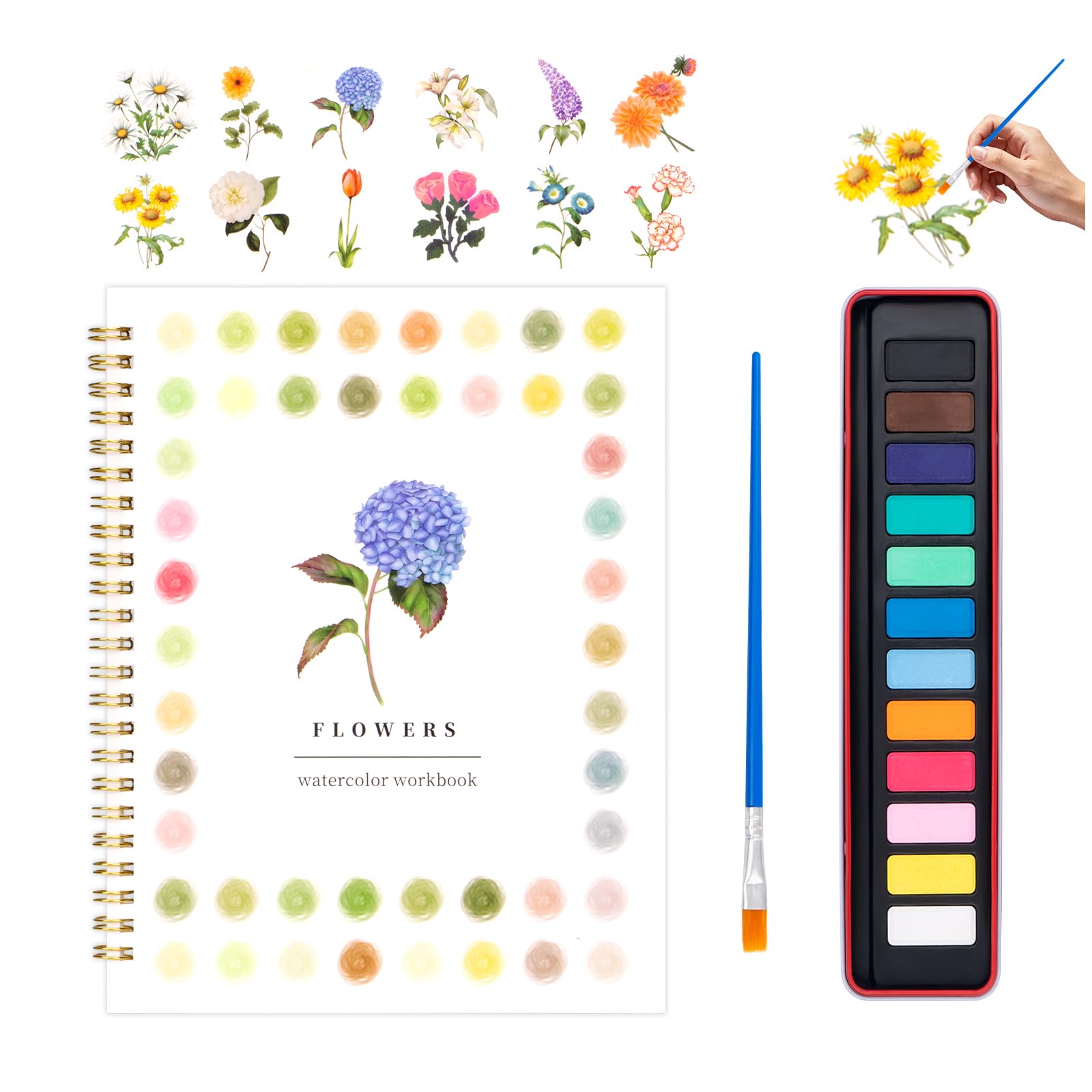 Watercolor Workbook for Adults, Beginner Friendly Watercolor Painting Kit Flowers Water Coloring Book, Nature-Themed Practice Art Gift Water Color Paint Book with Palette and Brush