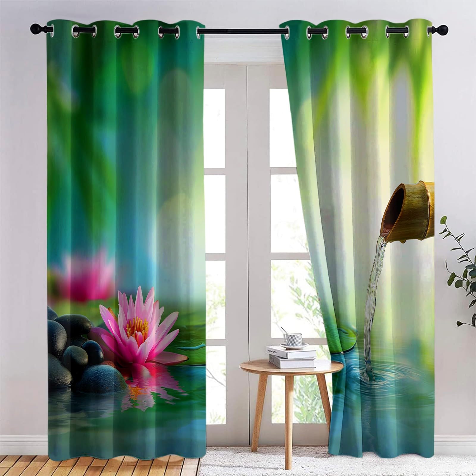 Oriental Floral Lotus Rośliny Bambusowa Termiczna zasłona zaciemniająca 140 x 225 cm Zestaw 2 sztuk, Zasłony do salonu, salonu, domu, zaciemniające, izolacja termiczna, ochrona przed zimnem, zielona