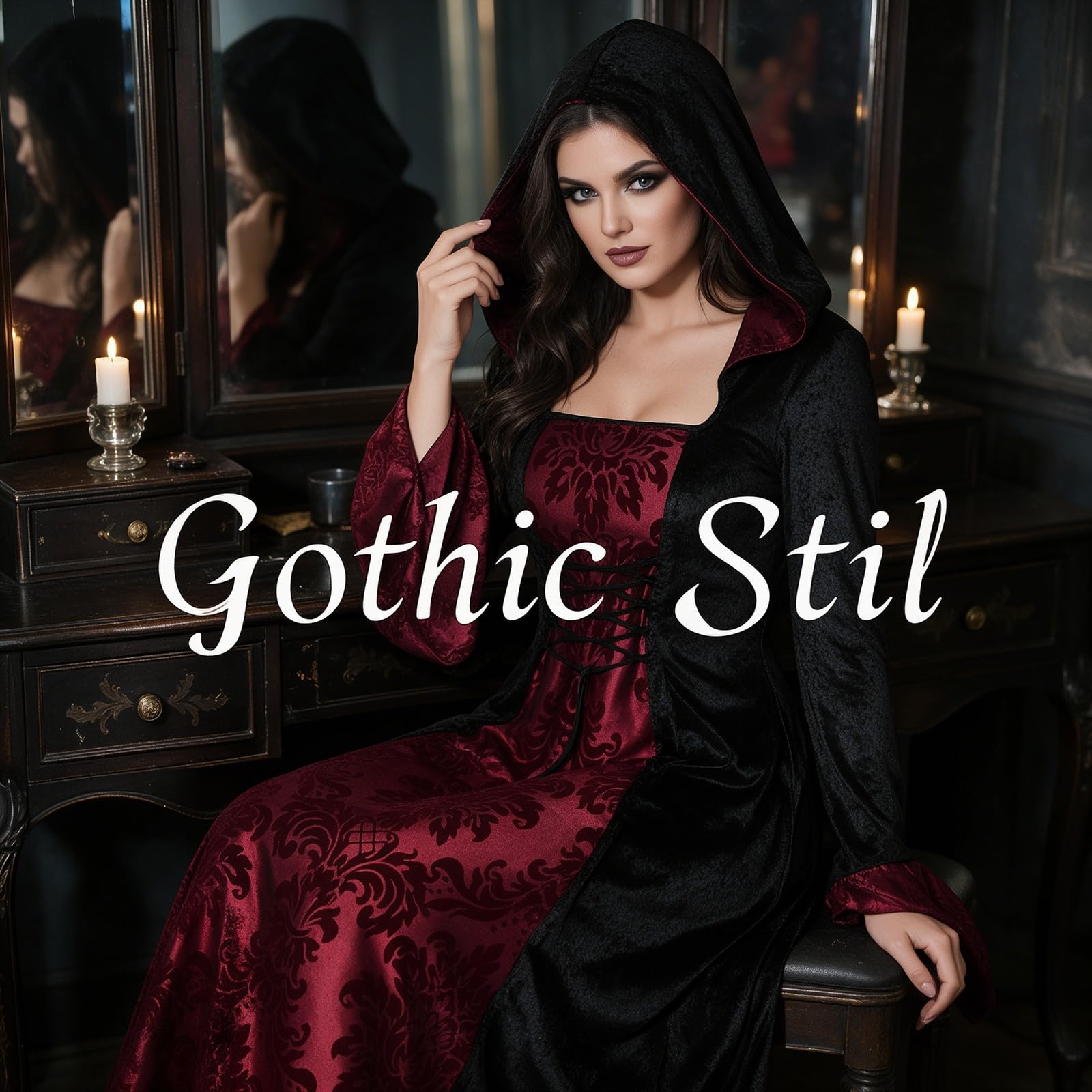 Didadihu Hexenkostüm Damen Mittelalter Kleidung Lang mit Kapuze Gothic Kleid Elegant Halloween Kostüm mit Spitze & Kordel Gothikkleider Mystisch Romantisch Outfit für Cosplay Kostümparty