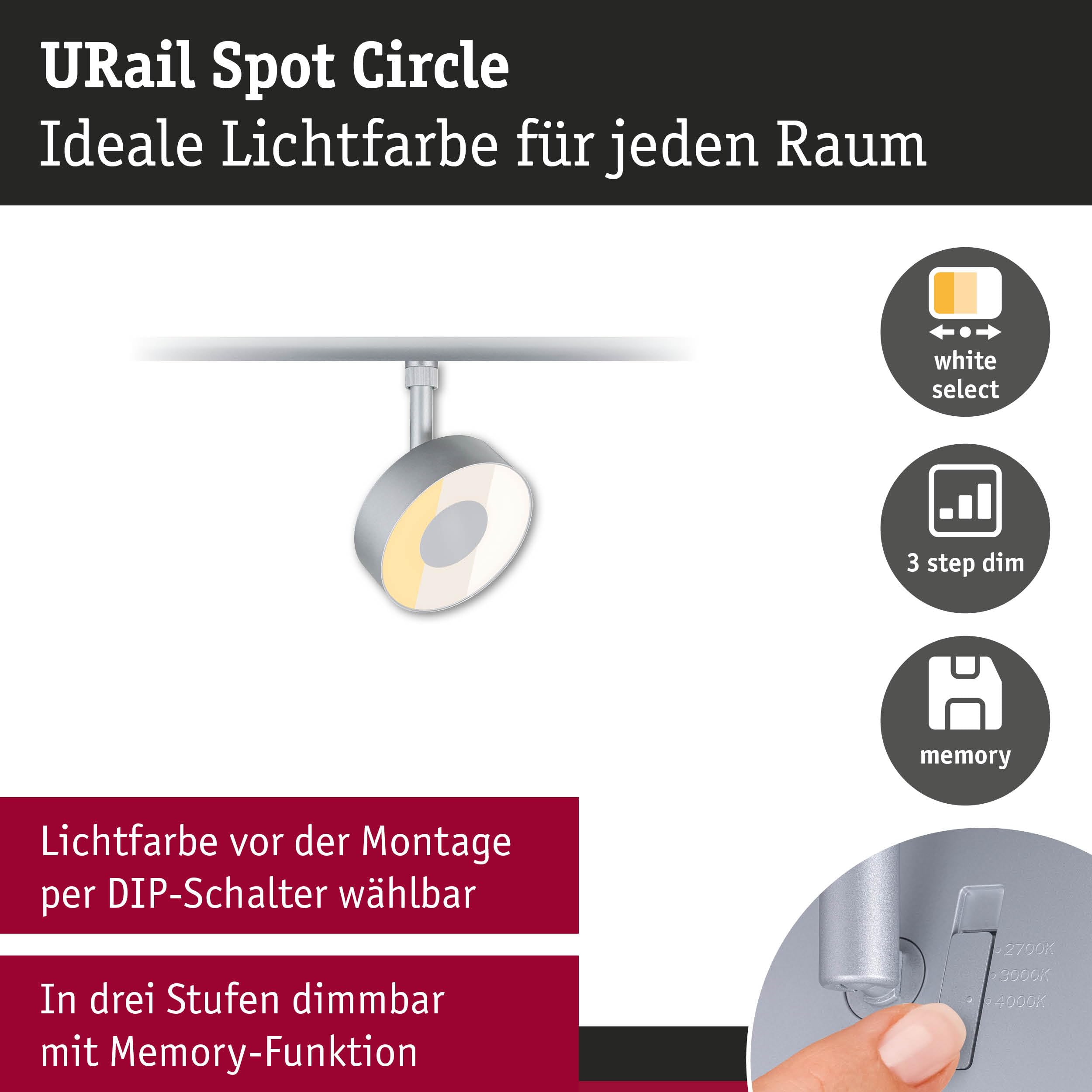 Paulmann URail Schienenspot 3-Step-Dim Circle 250lm 5W 2700-4000K dimmbar 230V Chrom matt 93155
