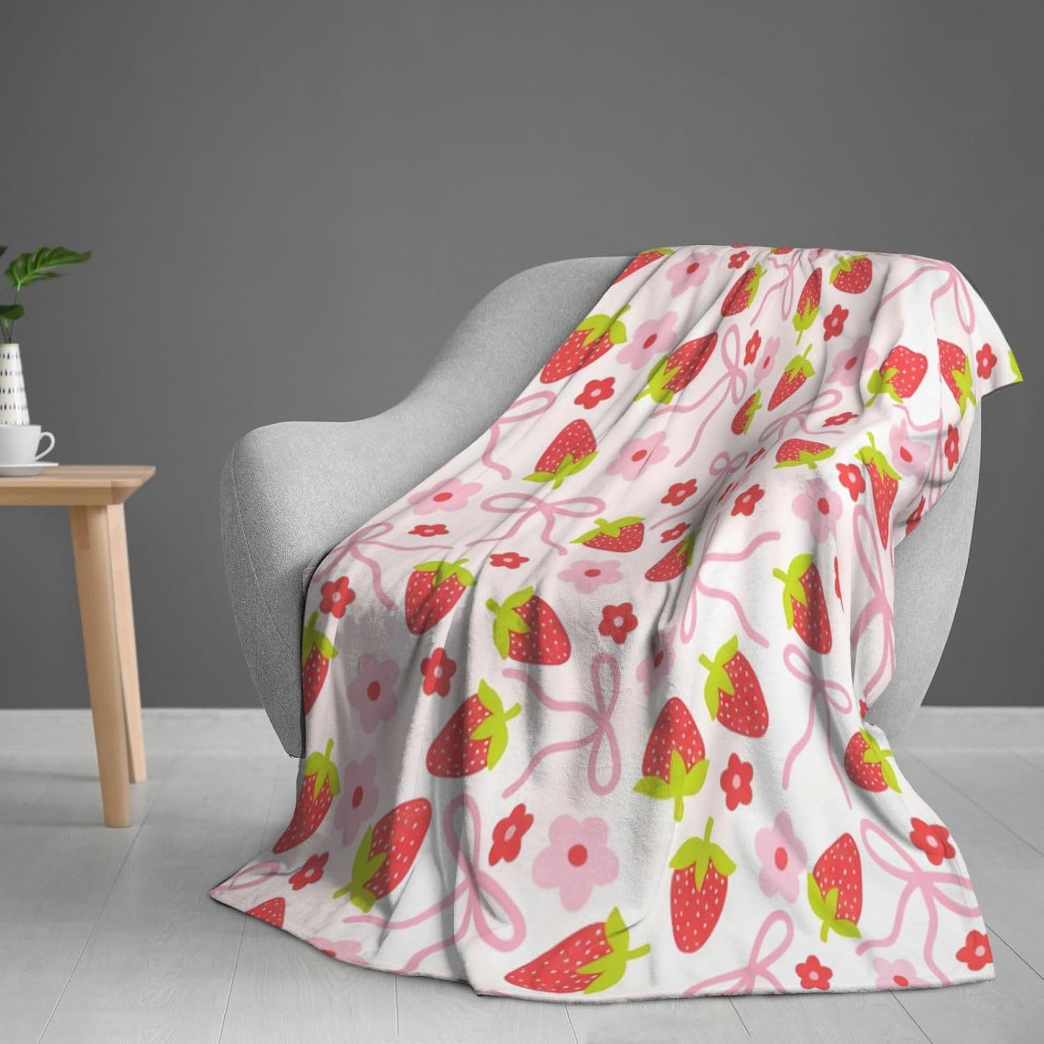Cute Strawberry Bow Decor Throw Blanket Pink for Kids - Soft Fleece Throw Home Decor for Girls Women Teens as Birthday Gifts, Cozy Fruit Pattern Blankets for Couch Bed Camping 50x40inches - Image 5