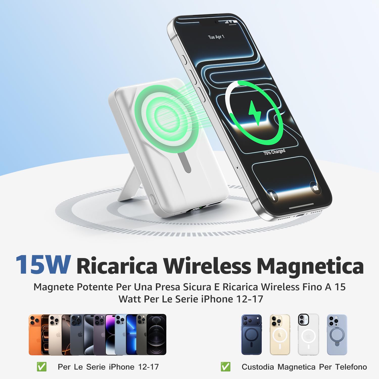 Azmuth Power Bank per Magsafe, 10000mAh Batteria Esterna Magnetica Wireless Ricarica Rapida 20W USB-C con Display LED e Supporto, Caricatore Portatile per iPhone 17/16/15/14/13/12 Serie, Bianco