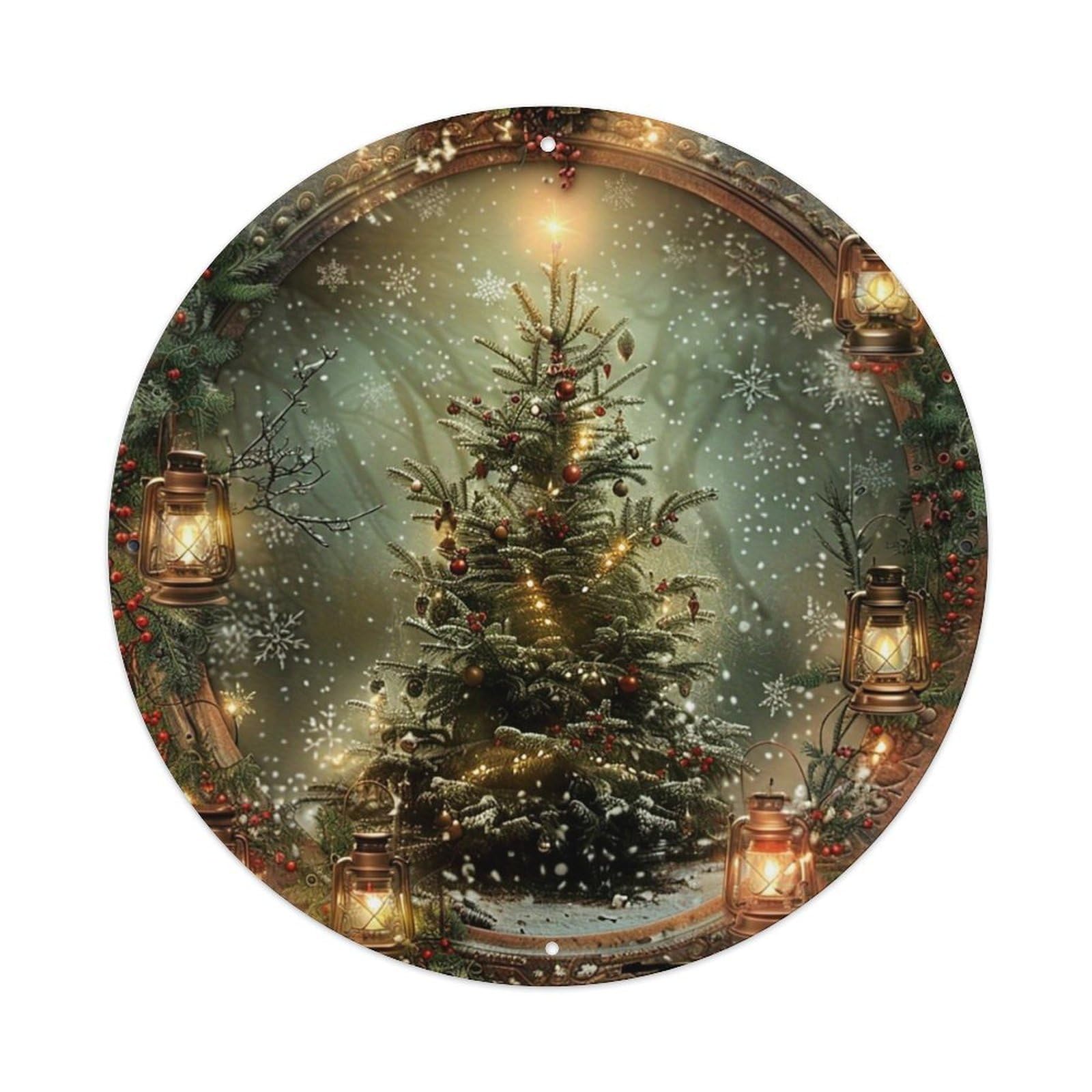 Snowy Christmas Tree Lanterns Pattern Vintage Metal Tin Sign Retro Wall Decor for Home Bar Garage Cafe, Indoor & Outdoor Decorative，circle Metal Poster, 8x8 Inch