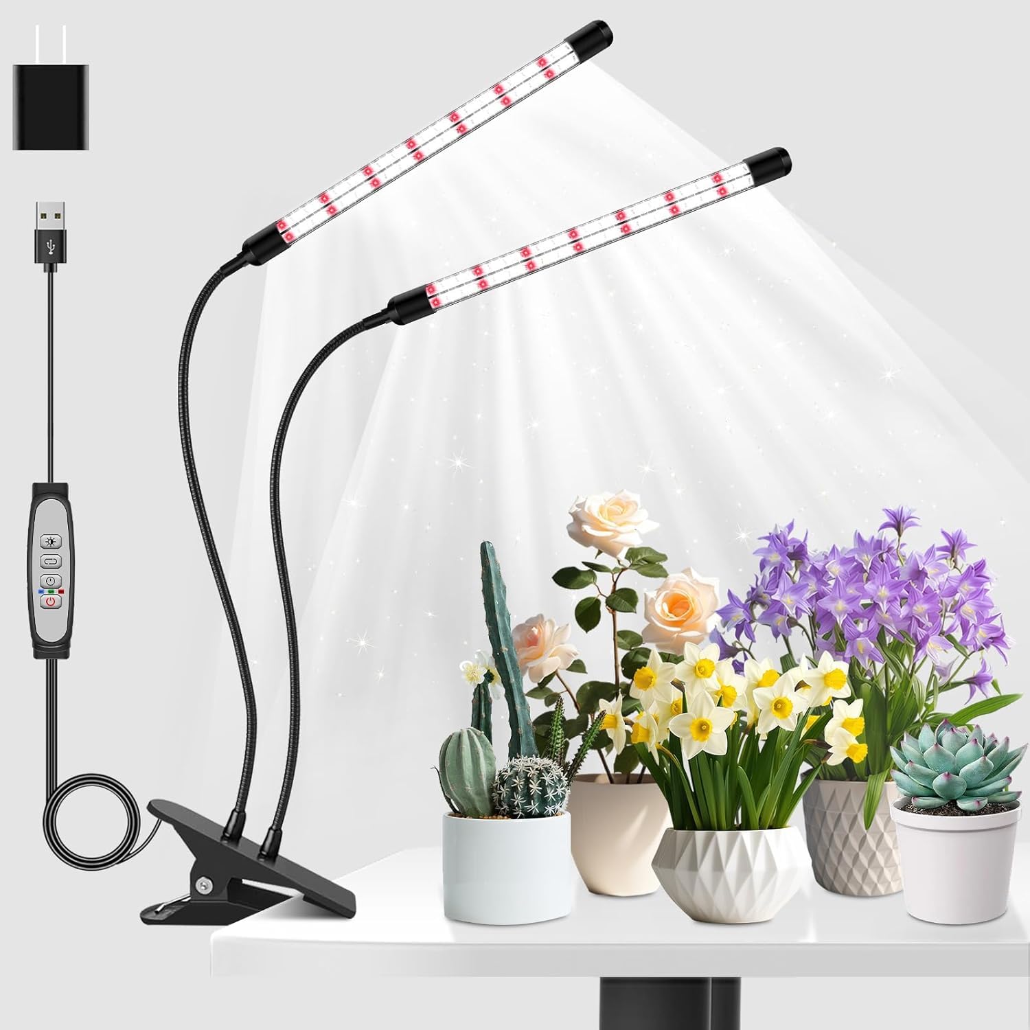 2 teste di luce per piante, Lampada per Piante LEDs, Lampada Piante Coltivazione, Luce di crescita a spettro completo, Lampada di Crescita con Timer Auto on/off 6H/12H/18H per Frutta Verdure Fiore