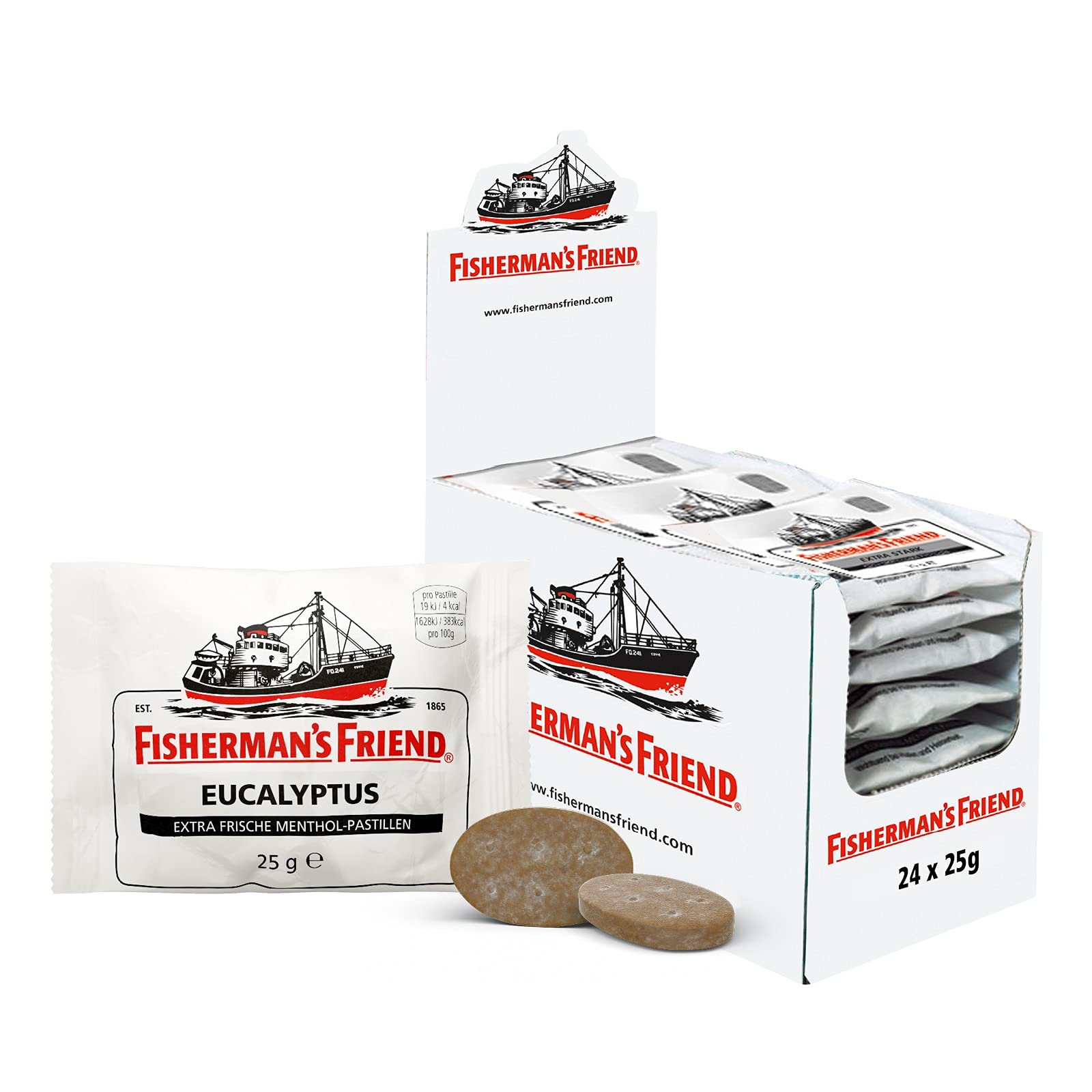 Fisherman's Friend Eucalyptus, 24er Vorratsbox, Eucalyptus und Menthol Geschmack, mit Zucker & vegan, Bonbons für frischen Atem, 24 x 25g