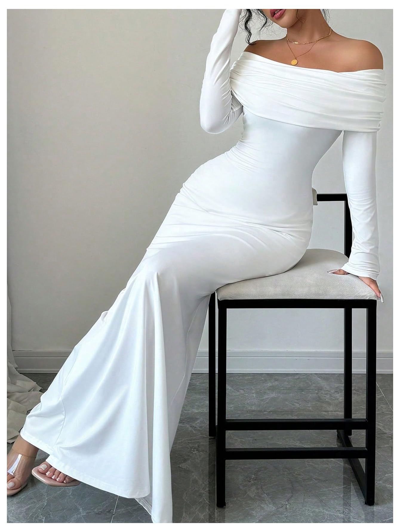 SOLY HUX Women's Long Sleeve Off The Shoulder Bodycon Dress Elegant Maxi Dress Cocktail Prom Dresses