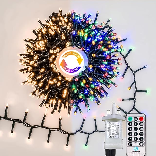 Gresonic 1000LED 65.6ft Warm White to Multicolor Christmas Tree String Lights , 9 Modes TimerGreen Cable Wire Twinkle Lights,IP44 Waterproof Plug in Fairy Lights for Garden Party Decoration