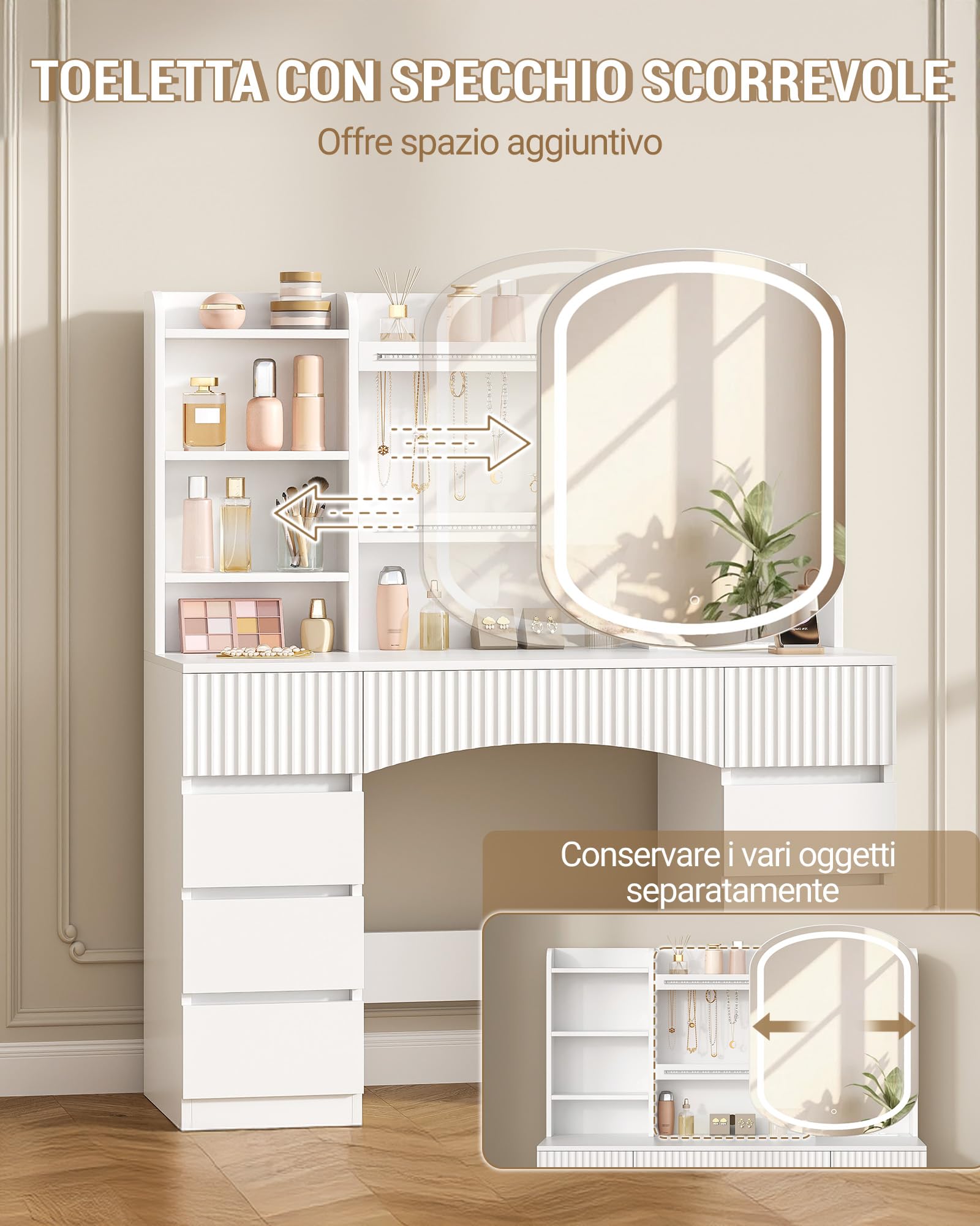 Hzuaneri 108 cm Toeletta Trucco, Postazione Trucco con Grande Specchio HD, Ciabatta Multipresa, Illuminazione a LED, 9 Cassetti, 11 Spazio di Archiviazione, per Camera da Letto, Bianco 1180103XEU