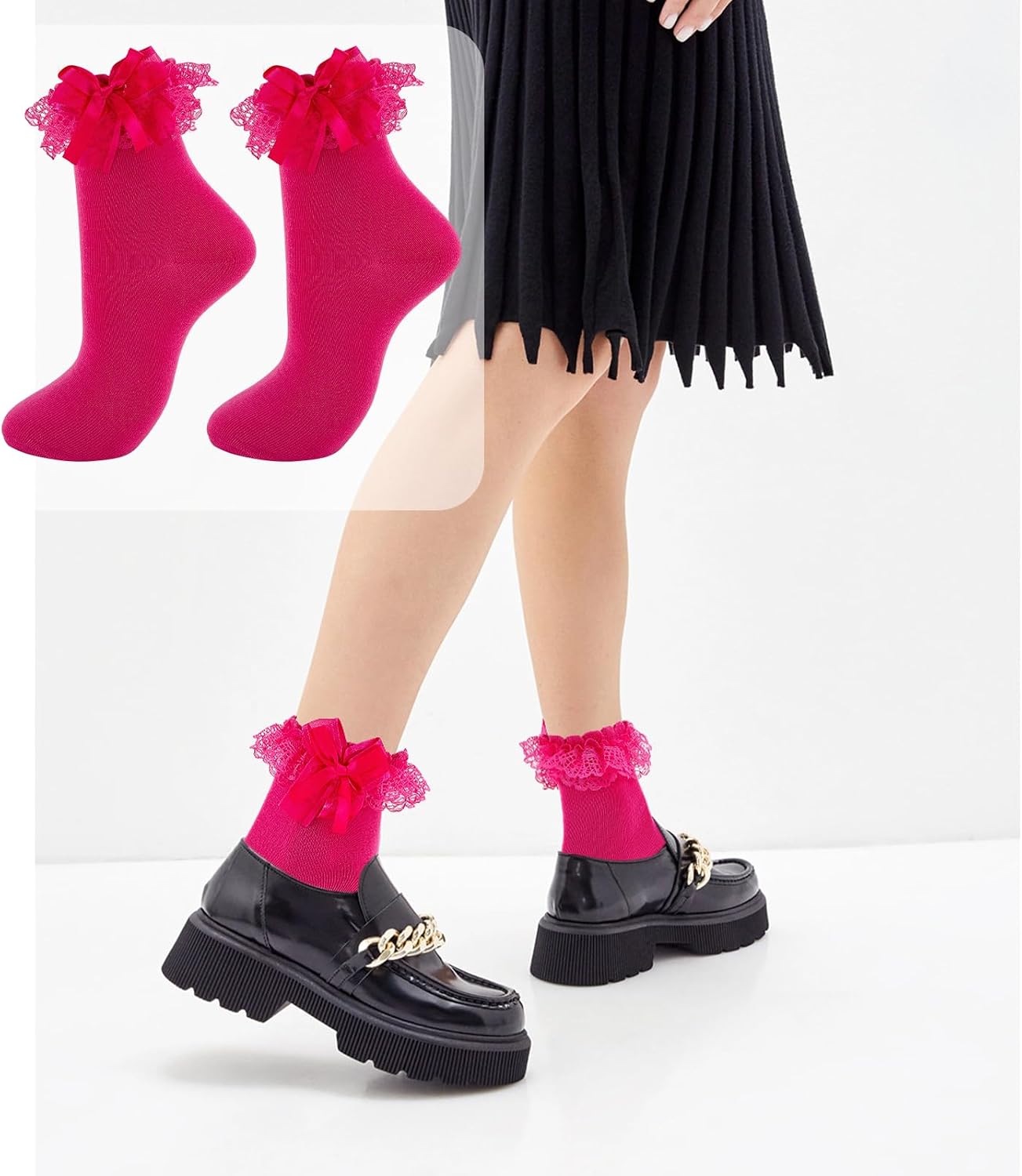 Womens Ruffle Socks with Bow Cute Frilly Lace Ankle Socks Adult Fancy Dress Sock Princess Lolita Bobby Sock Big Girls