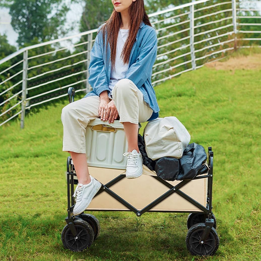 LANGWEI Folding Festival Trolley Cart with Brakes, Beach Trolley Cart with Adjustable Handle, Multi-Terrain Collapsible Wagon for Shopping, Gardening, Camping, Fishing,Brown