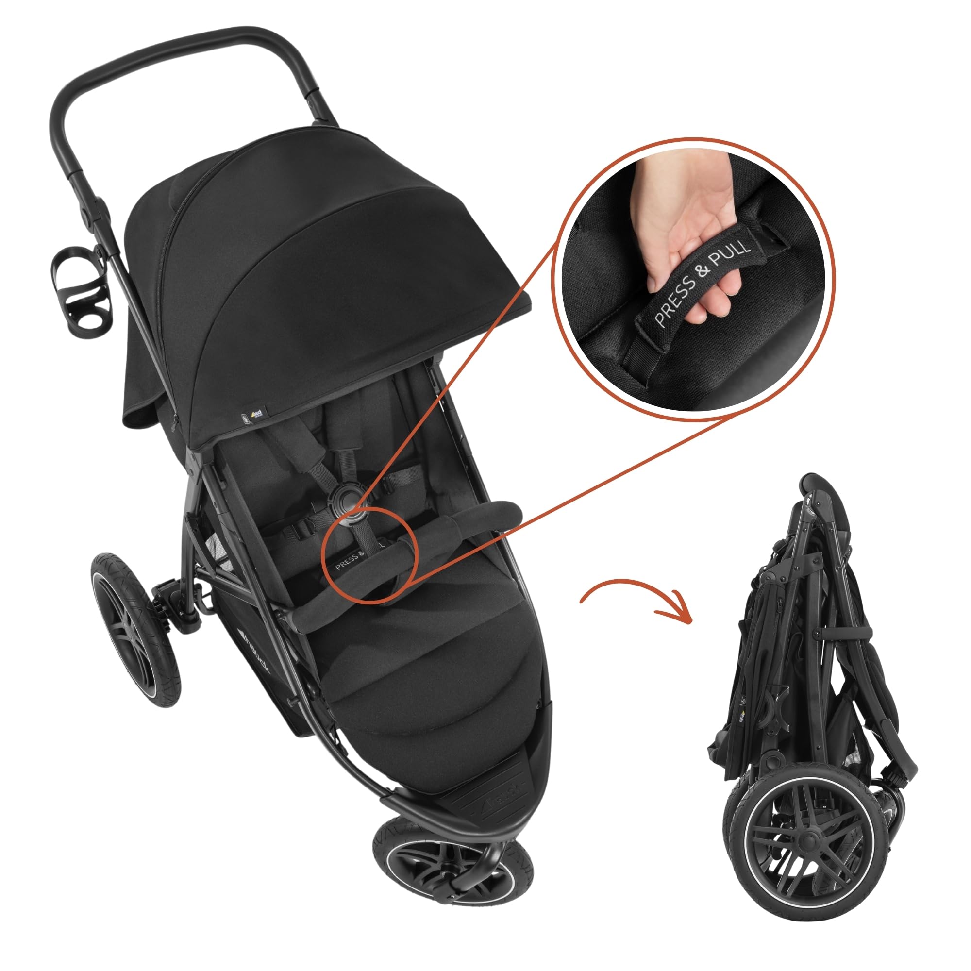 Hauck Rapid 3R Dreirad Kinderbuggy Schwarz mit Gummireifen Federung Liegeposition UV Schutz 50+ Zusammenklappbar Höhenverstellbarer Schieber Becherhalter