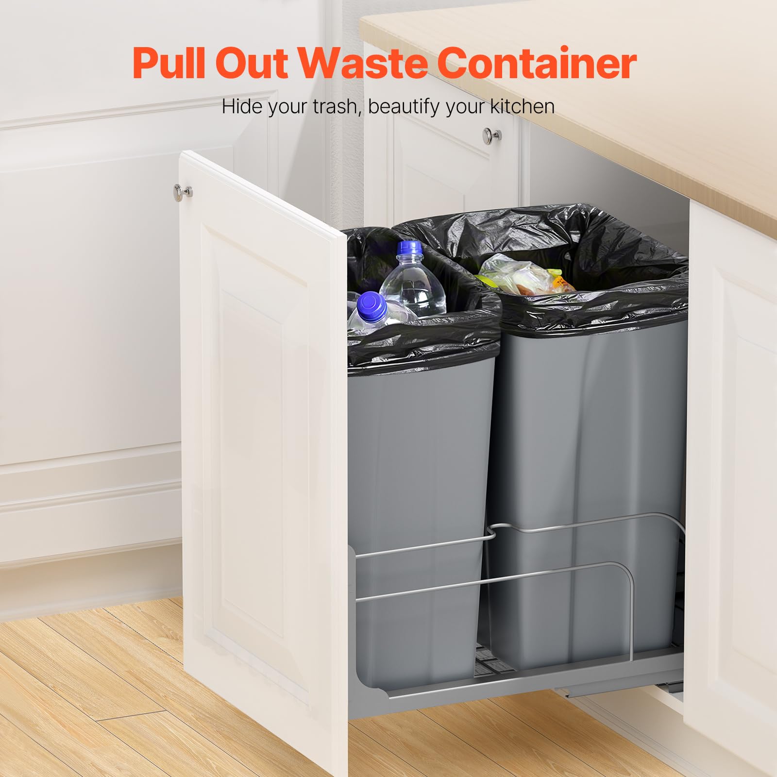 VEVOR Cubo de Basura Extraíble Doble 2 x 43,4 L, para Cocina, Montaje Bajo Encimera, con Puerta Corredera y Cierre Suave, para Armario de Cocina, Fregadero y Encimera, Gris, 560 x 355 x 590 mm