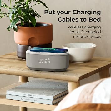 i-box Alarm Clocks Bedside, Alarm Clock with Wireless Charging, Bluetooth Speaker, Radio Alarm Clock, Fast Qi Wireless Charger, Mains Powered, FM Radio, USB Charging Port, Dimmable, Non Ticking