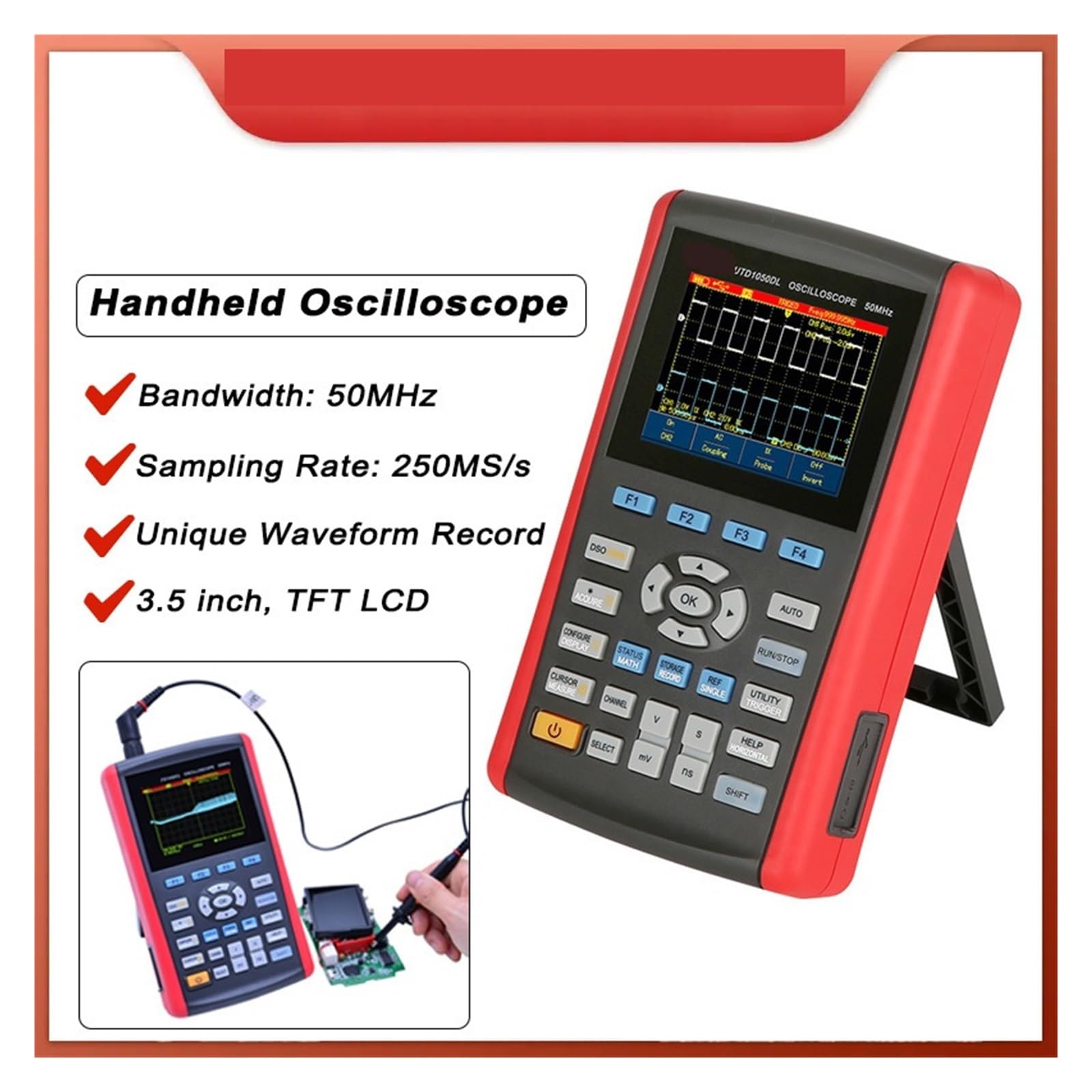 Oscyloskopy laboratoryjne, Ręczny oscyloskop z pamięcią masową 3,5-calowy wyświetlacz LCD 50 MHz 250 MS/s Mini USB Oscyloskop z automatyczną skalą,Dokładny Pomiar(1050DL)